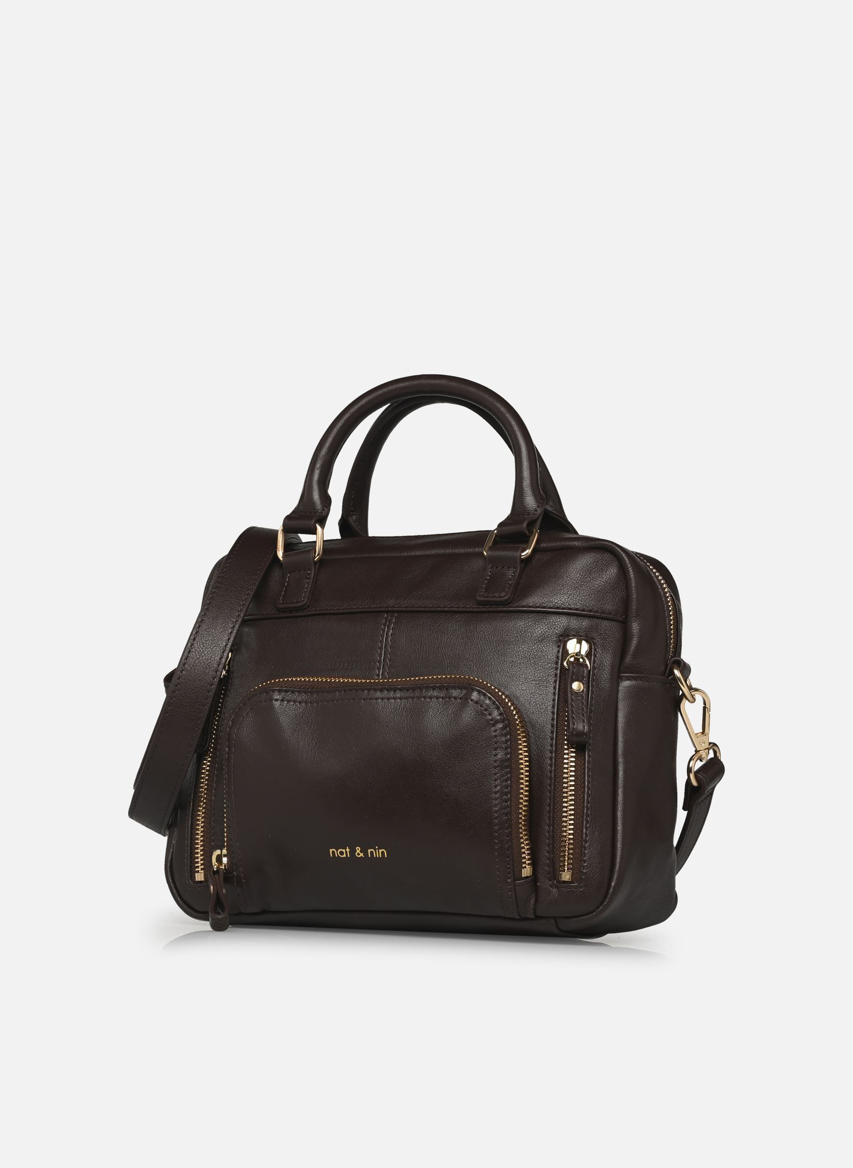 Sac à Main Bandoulière Noir Avec Sangle Marron - 39x32 Cm - Fausse Cuir, Zip, Classique