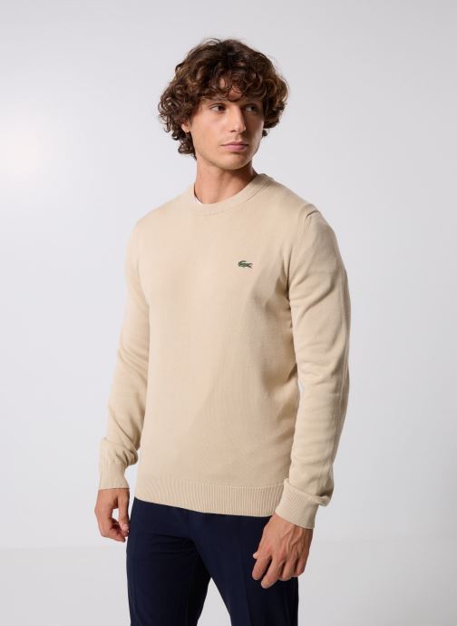 Lacoste Pulls Pull à col rond en coton homme beige