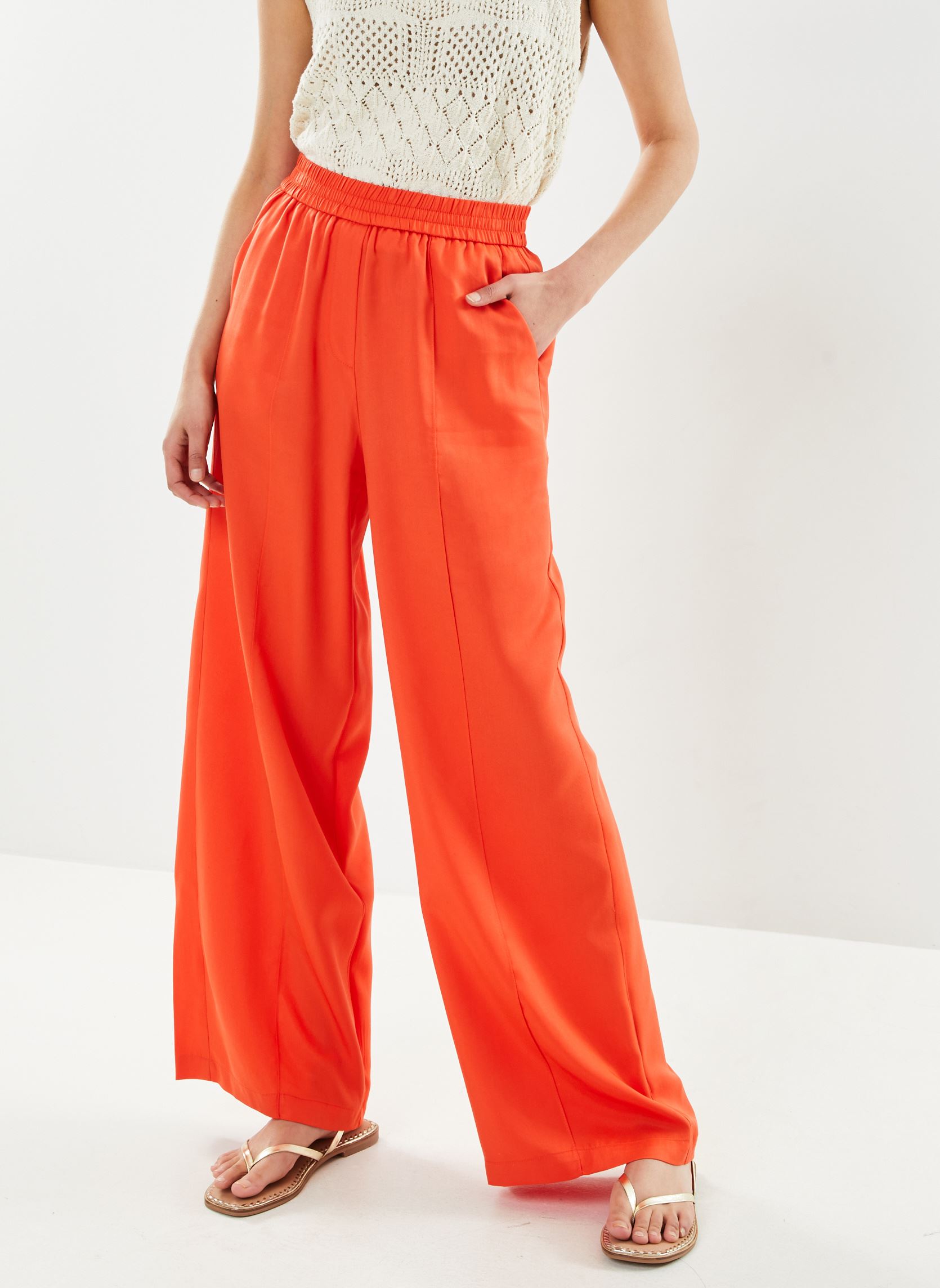 Pantalon Femme Jambe Large En Lin Rouge - Cordon De Serrage, Confortable Pour Yoga, Plage, Vacances, Look Décontracté