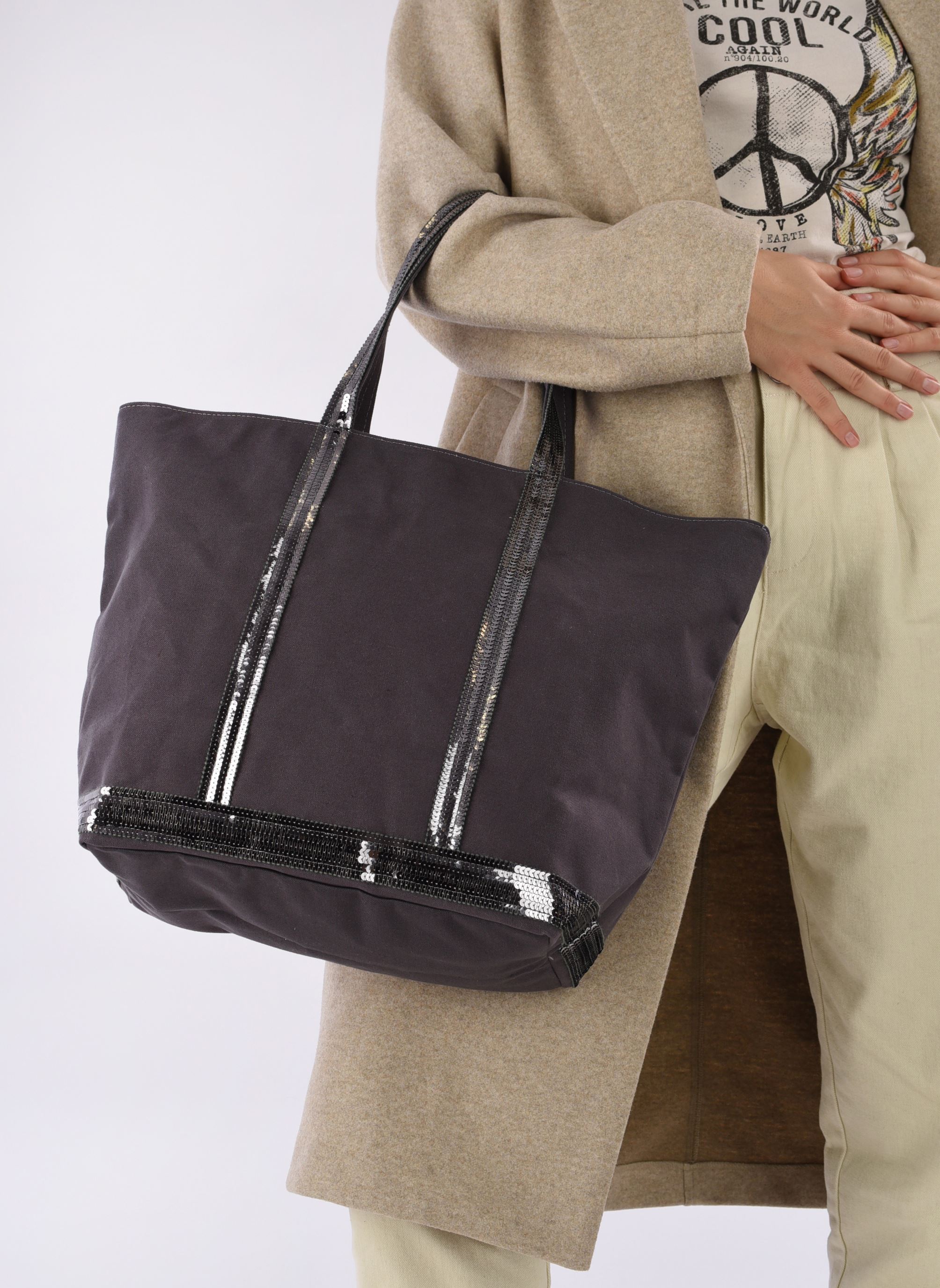 Cabas Cabas L Zippé Porté Epaule Toile et Pail femme gris Vanessa Bruno Cabas Cabas L Zippé Porté Epaule Toile et Pail femme gris ANTHRACITE