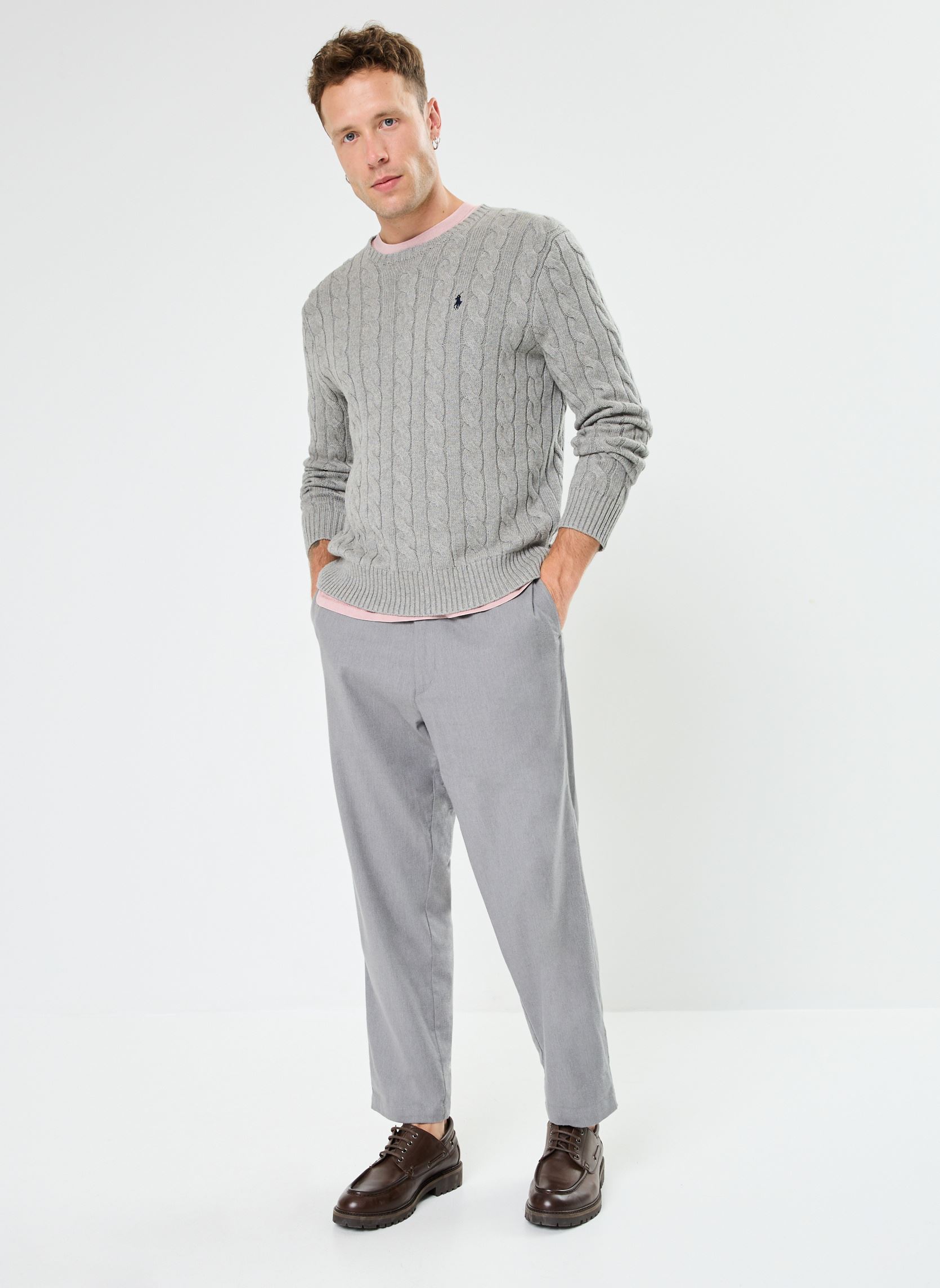 Pulls Pull torsadé en coton homme gris Polo Ralph Lauren Pulls Pull torsadé en coton homme gris FAWN GREY HEATHER