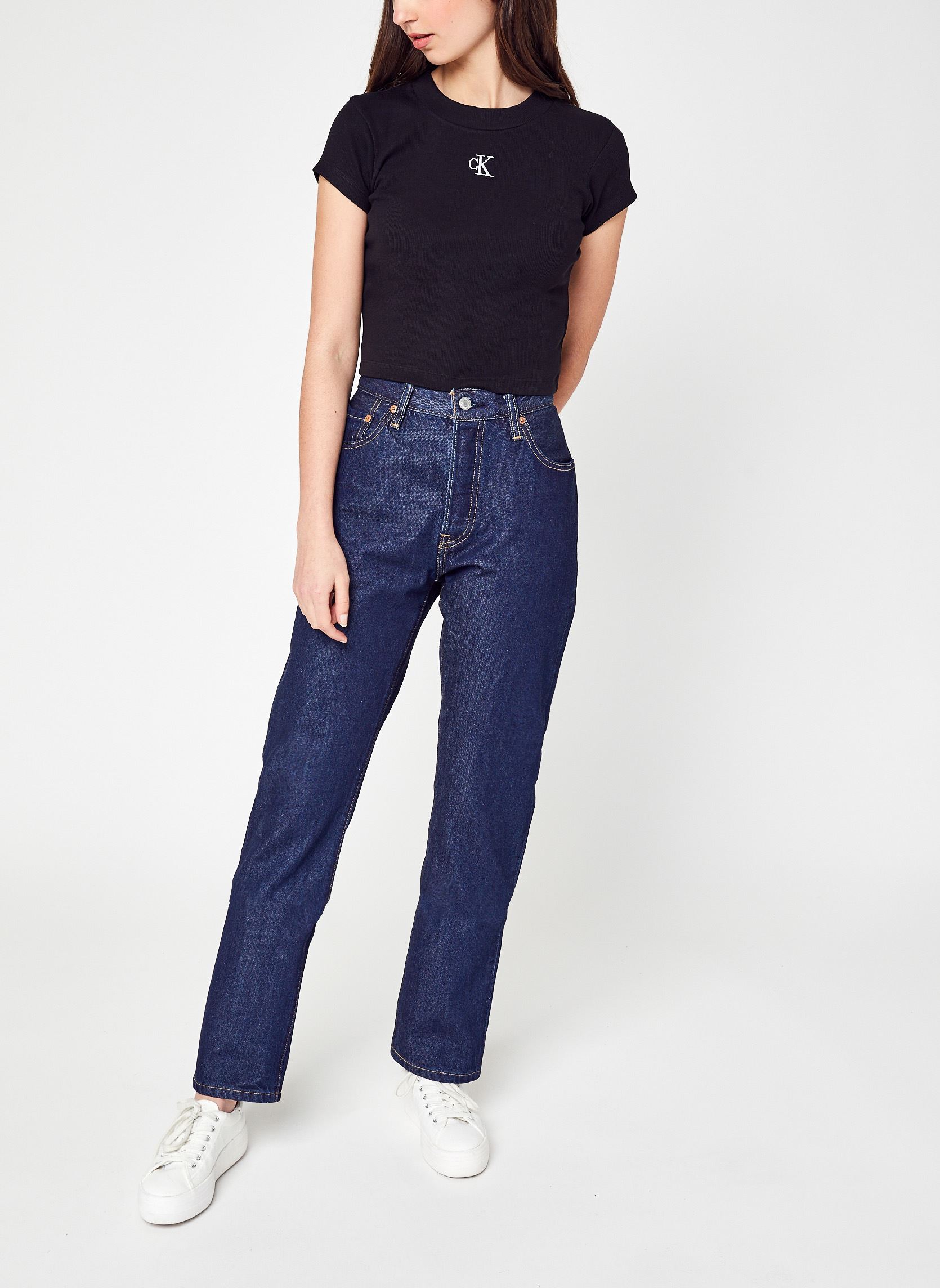 Tee-shirts Ck Rib Cropped Slim Tee femme noir Calvin Klein Jeans Tee-shirts Ck Rib Cropped Slim Tee femme noir Beh Ck Black