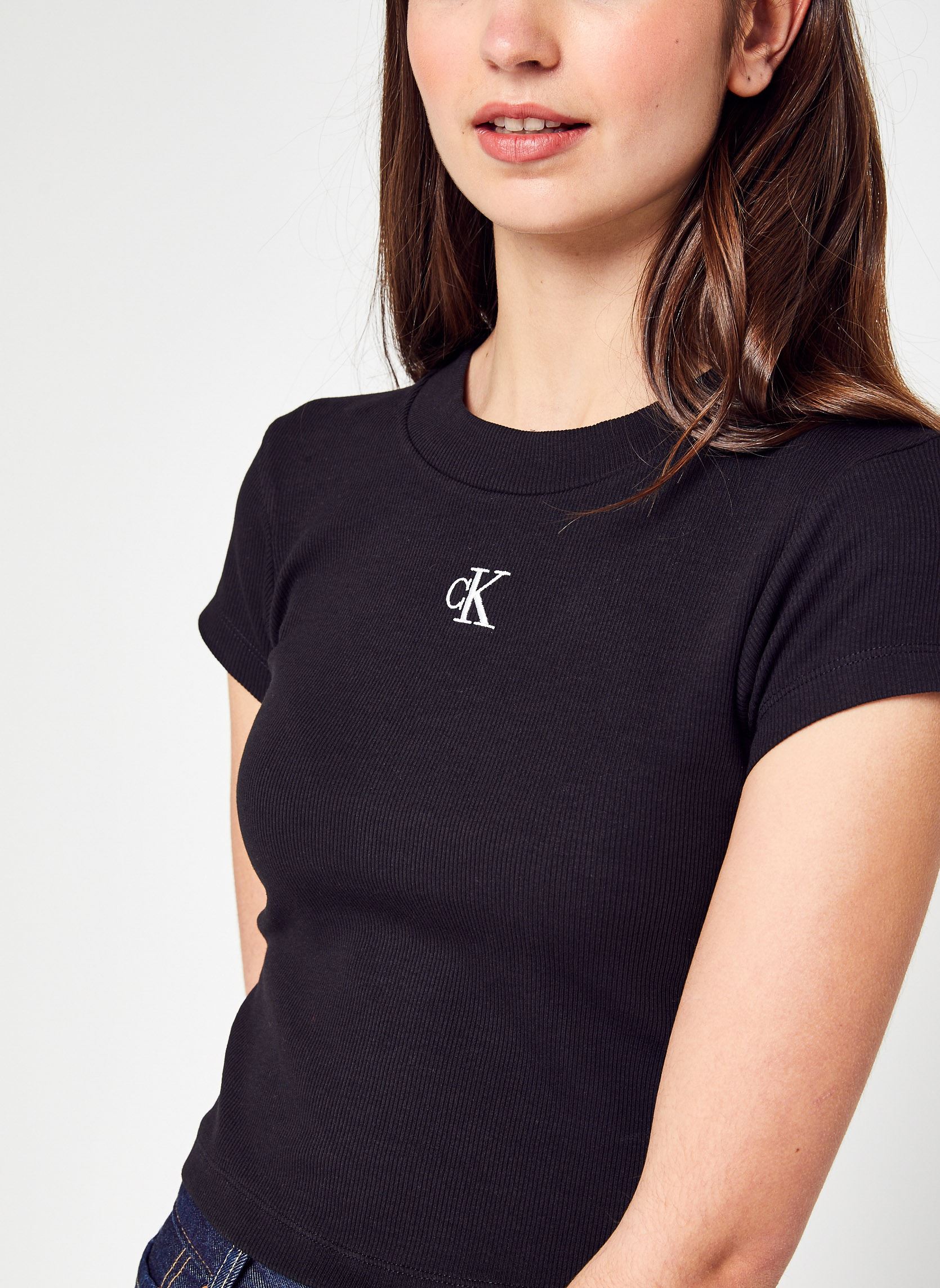 Tee-shirts Ck Rib Cropped Slim Tee femme noir Calvin Klein Jeans Tee-shirts Ck Rib Cropped Slim Tee femme noir Beh Ck Black