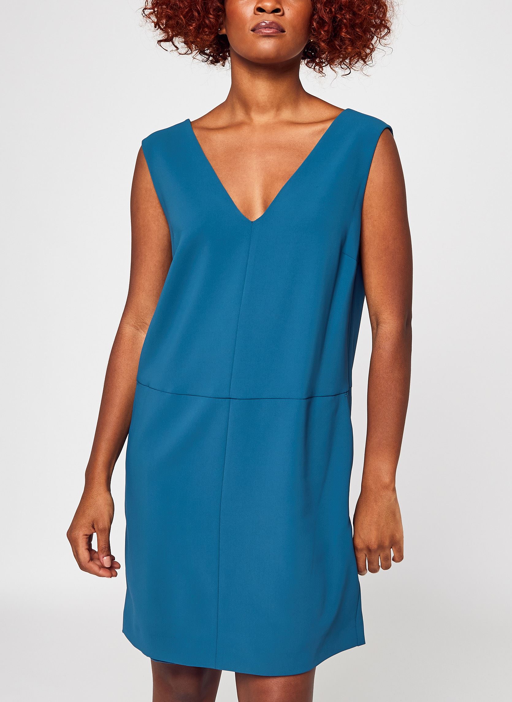 Calvin Klein Robe midi Travel Crepe V Neck Dress (Bleu) Vêtements