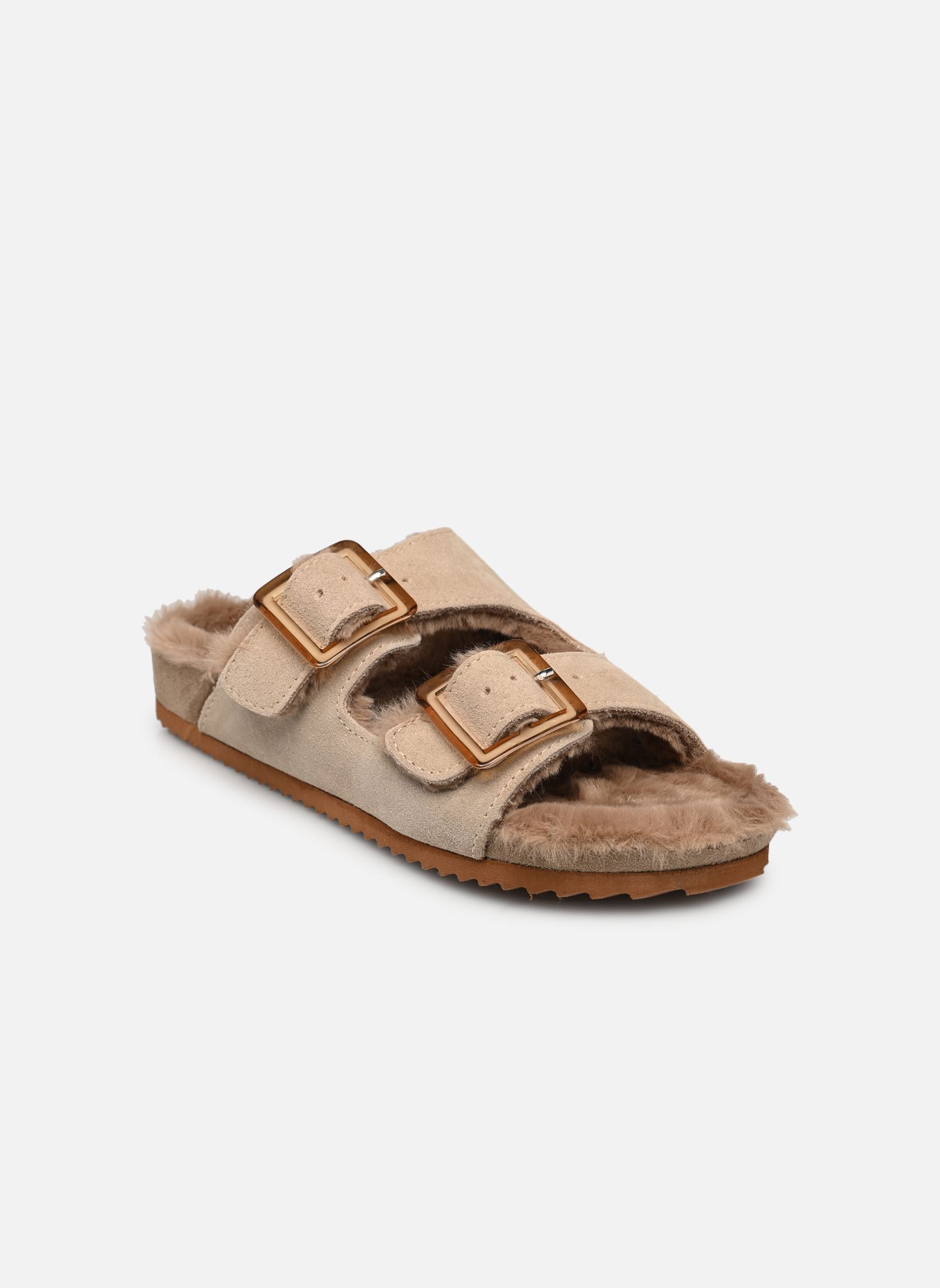 Hausschuhe Suede furry bio 2 buckles damen beige Colors of California Hausschuhe Suede furry bio 2 buckles damen beige NEW TAN