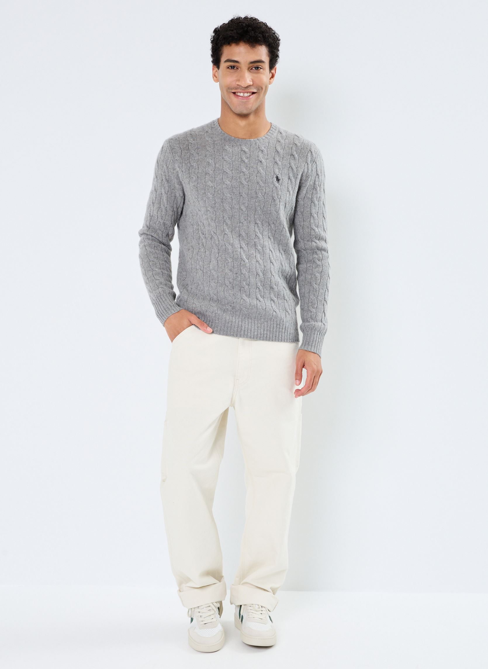 Pulls Pull col rond en laine et cashmere cablé homme gris Polo Ralph Lauren Pulls Pull col rond en laine et cashmere cablé homme gris FAWN GREY HEATHER