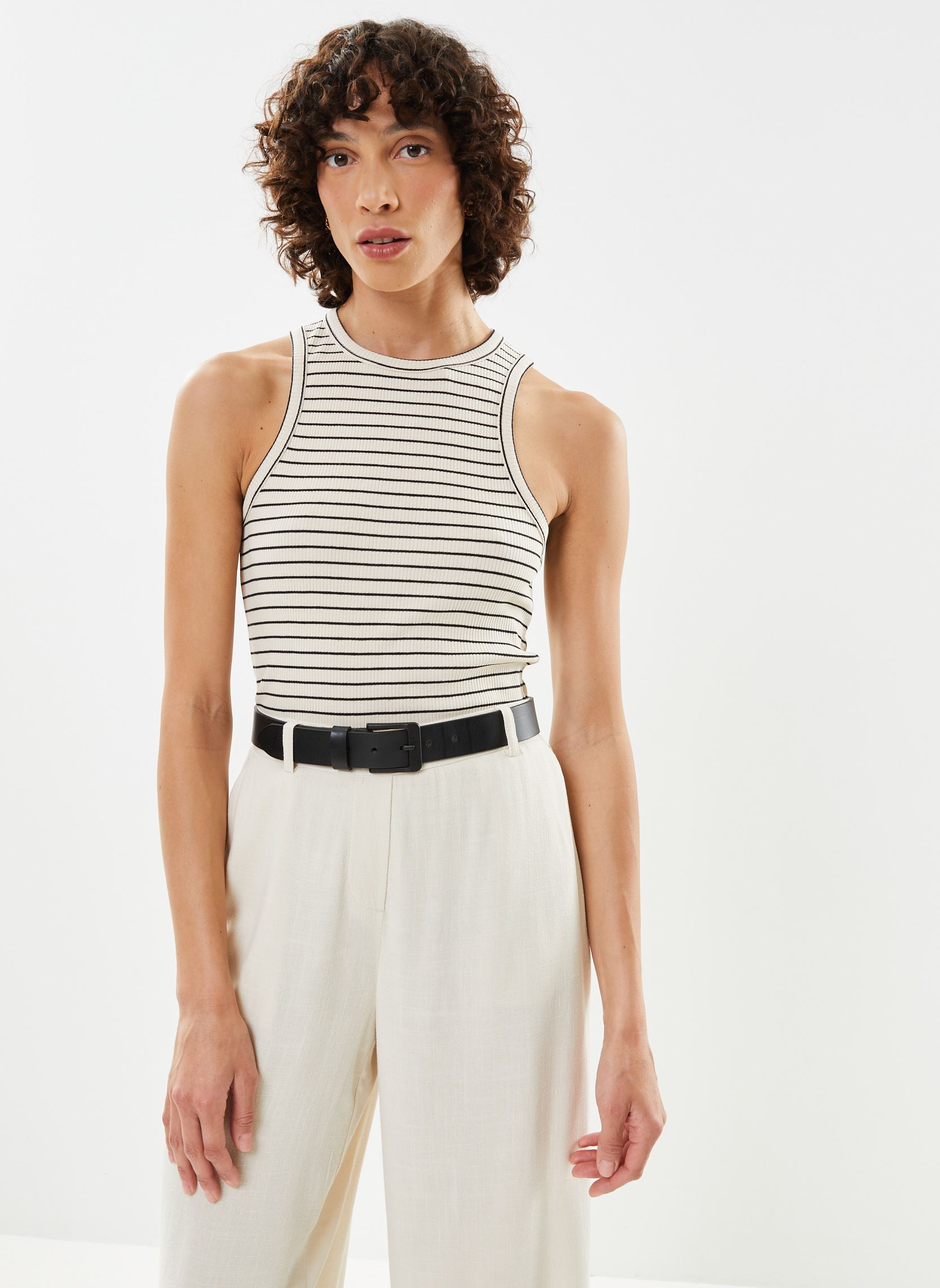 Canotte Slfanna O-Neck Striped Tank Top donna beige Selected Femme Canotte Slfanna O-Neck Striped Tank Top donna beige SANDSHELL