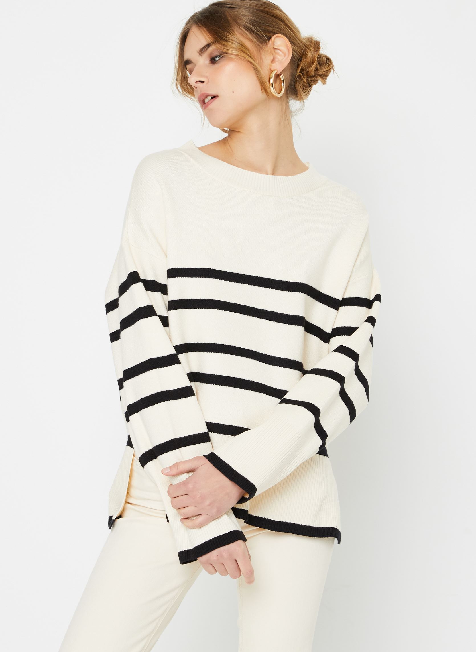 Vmsaba 3 4 V Neck Stripe Pullover Birch Stripes Black