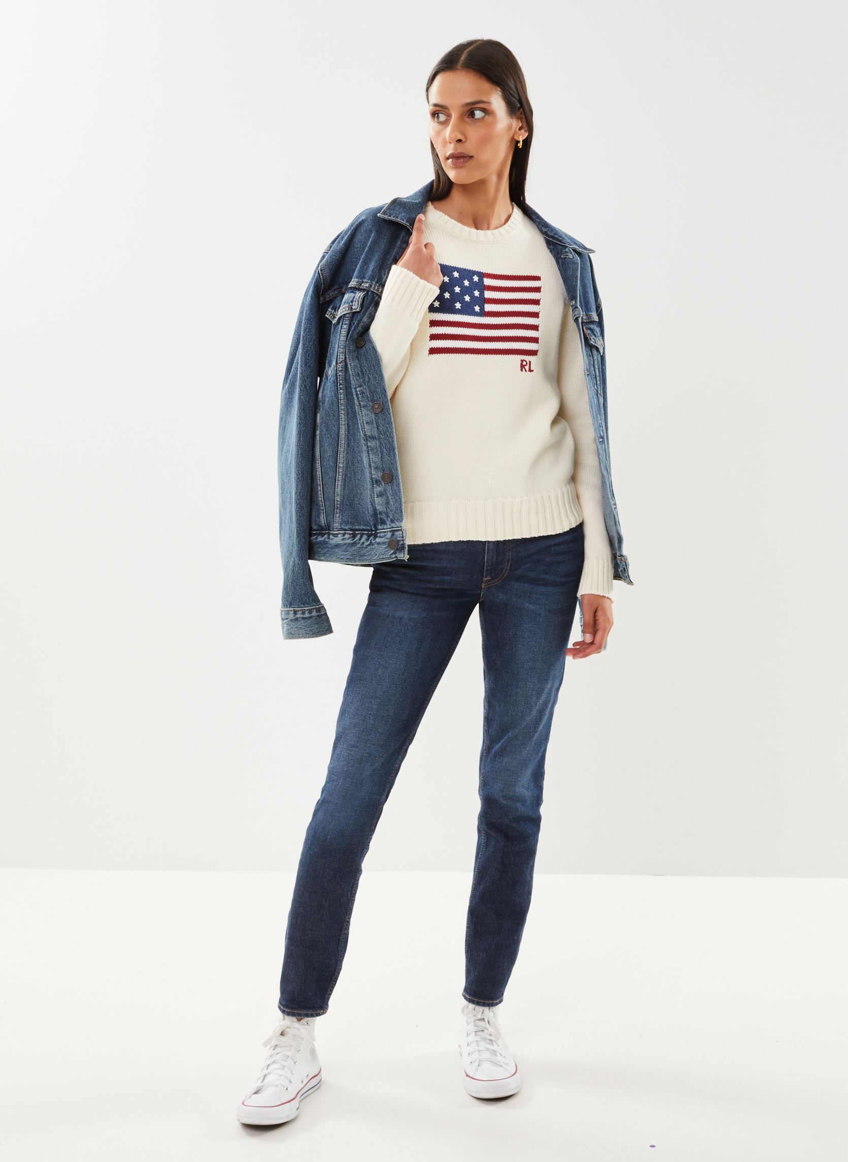 Truien Pull drapeau à col rond en coton dames beige Polo Ralph Lauren Truien Pull drapeau à col rond en coton dames beige PCH CRM
