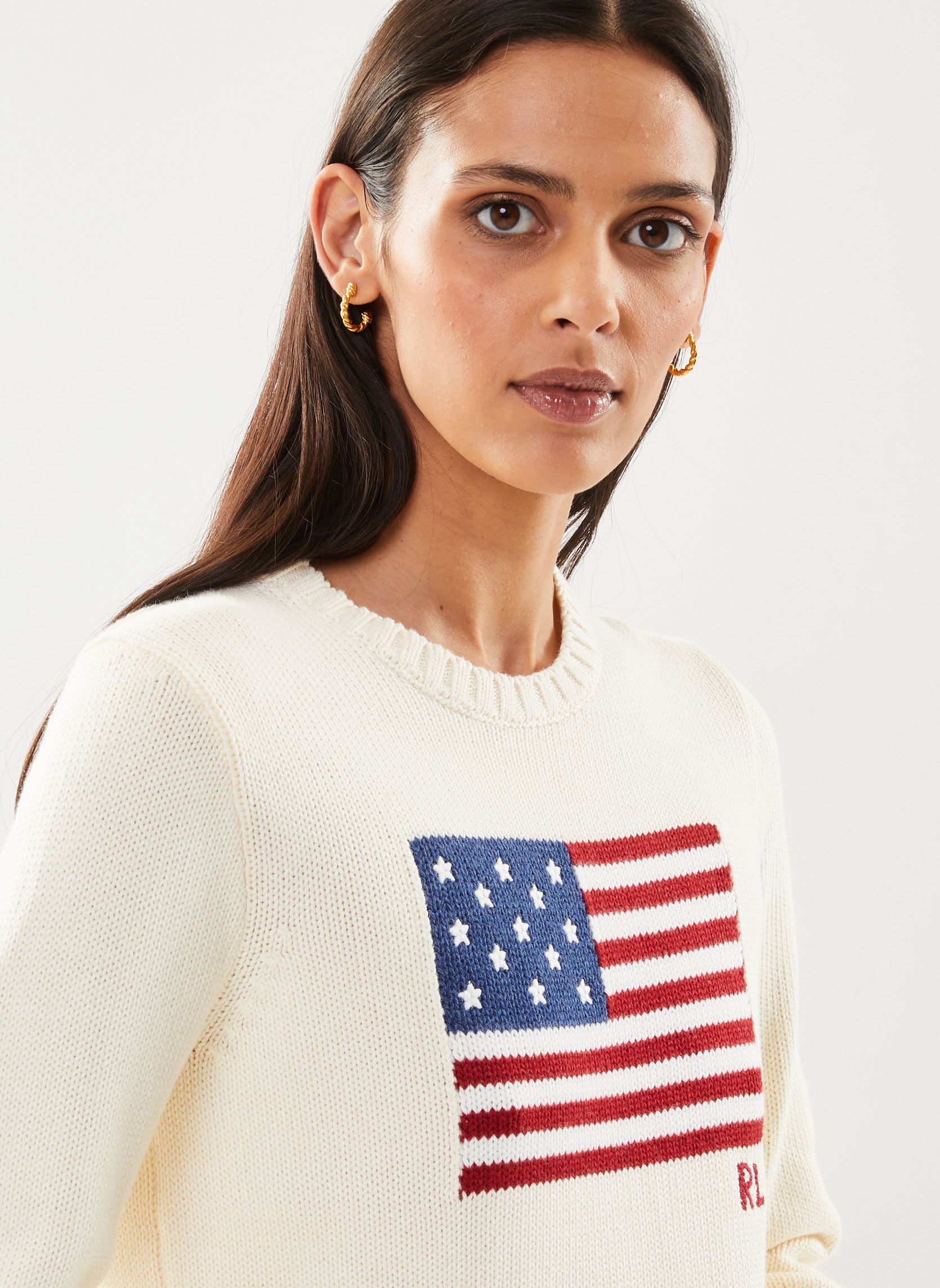 Truien Pull drapeau à col rond en coton dames beige Polo Ralph Lauren Truien Pull drapeau à col rond en coton dames beige PCH CRM