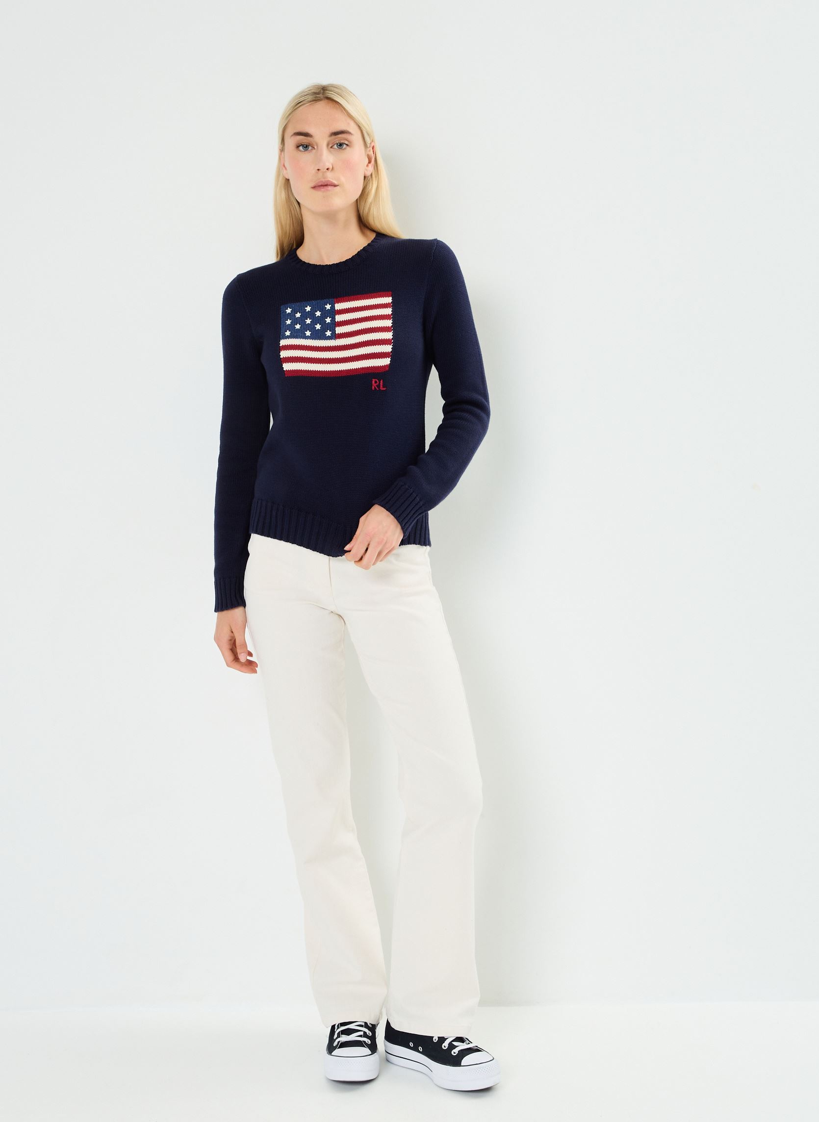 Pullover Pull drapeau à col rond en coton damen blau Polo Ralph Lauren Pullover Pull drapeau à col rond en coton damen blau NAVY