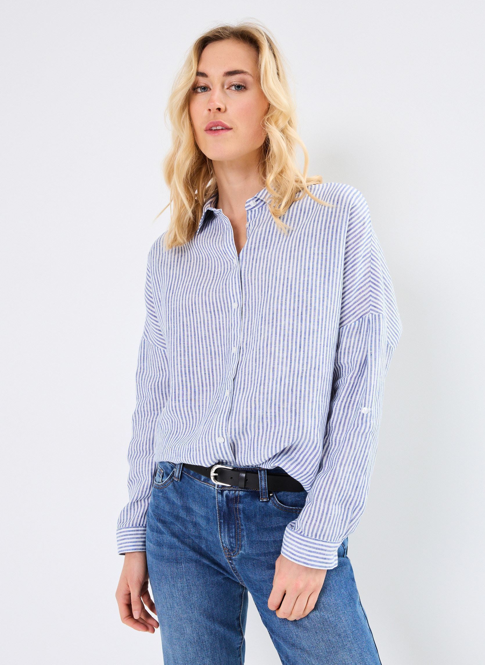 CHEMISE EN LIN EPAIS BLEU MARINE MANCHES LONGUES ET PETIT COL