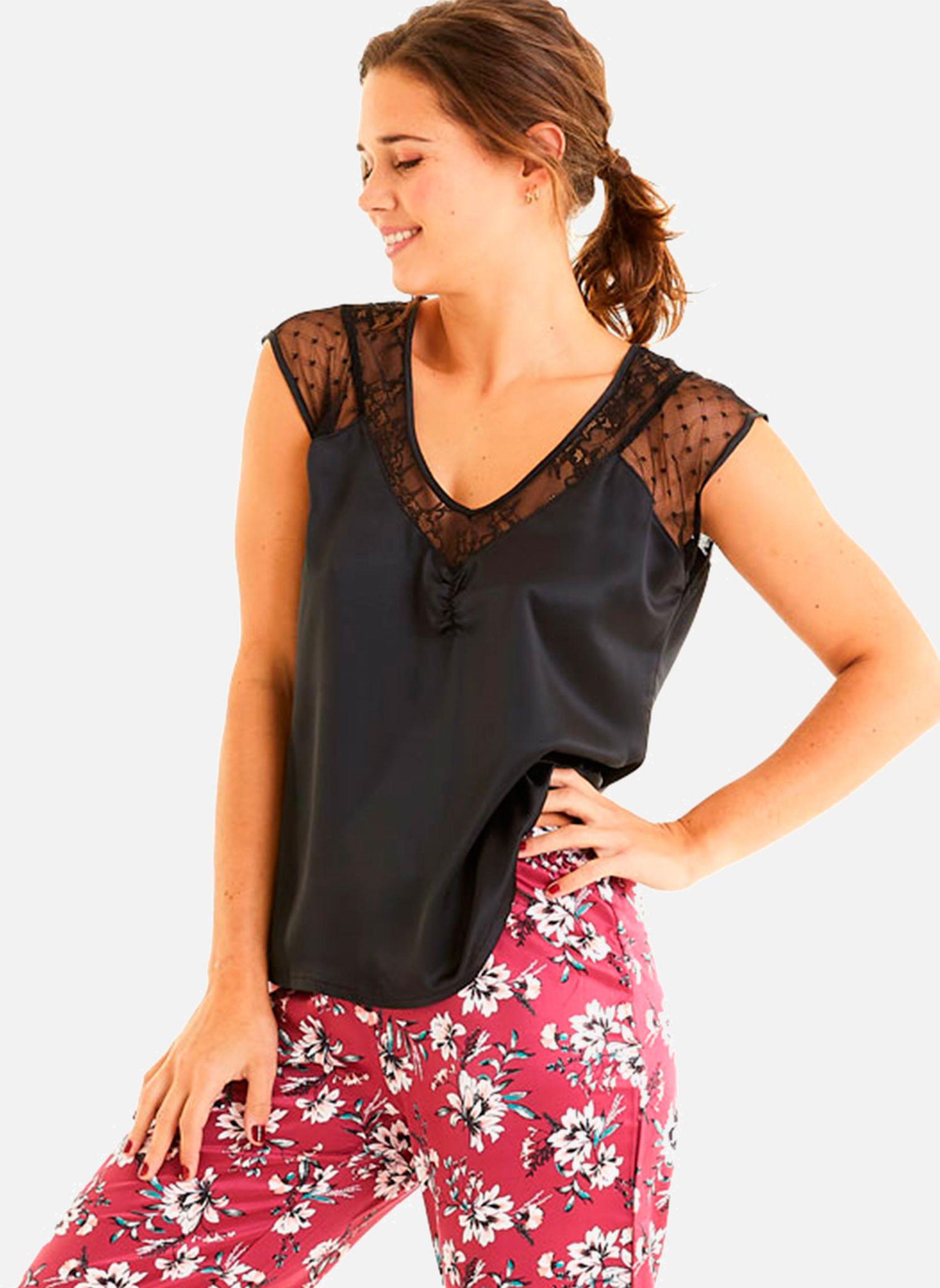 Ensembles de pyjamas Top de pyjama noir Pivoine femme noir Pomm'Poire Ensembles de pyjamas Top de pyjama noir Pivoine femme noir Noir