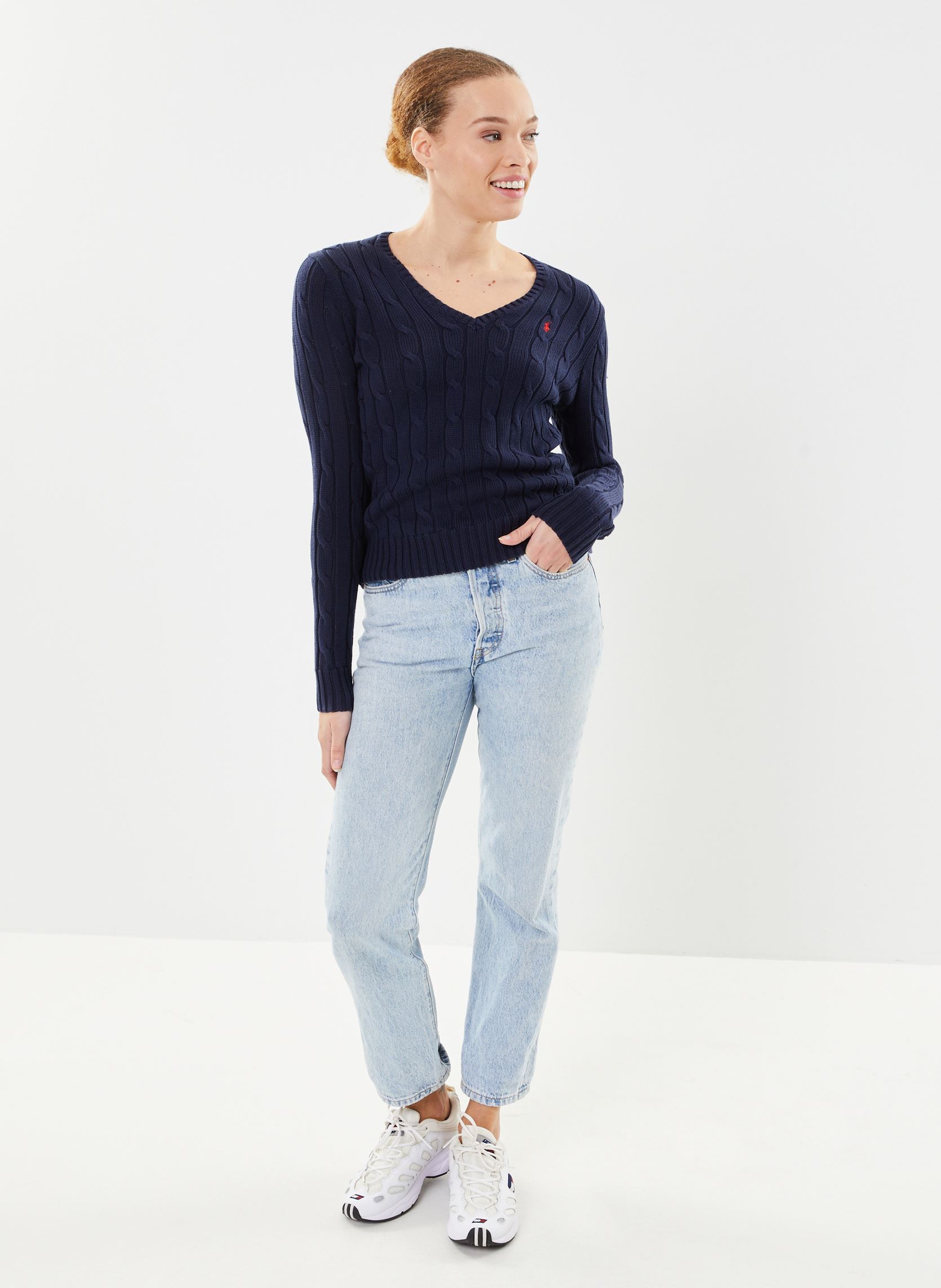 Pulls Pull col en V torsadé en coton femme bleu Polo Ralph Lauren Pulls Pull col en V torsadé en coton femme bleu HUNTER NAVY