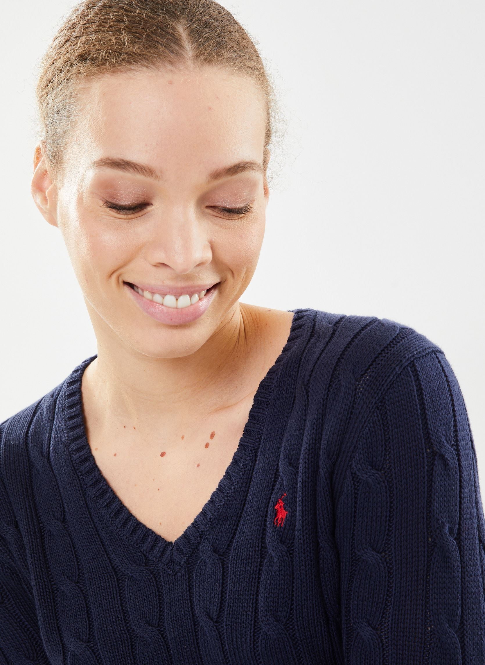 Pulls Pull col en V torsadé en coton femme bleu Polo Ralph Lauren Pulls Pull col en V torsadé en coton femme bleu HUNTER NAVY
