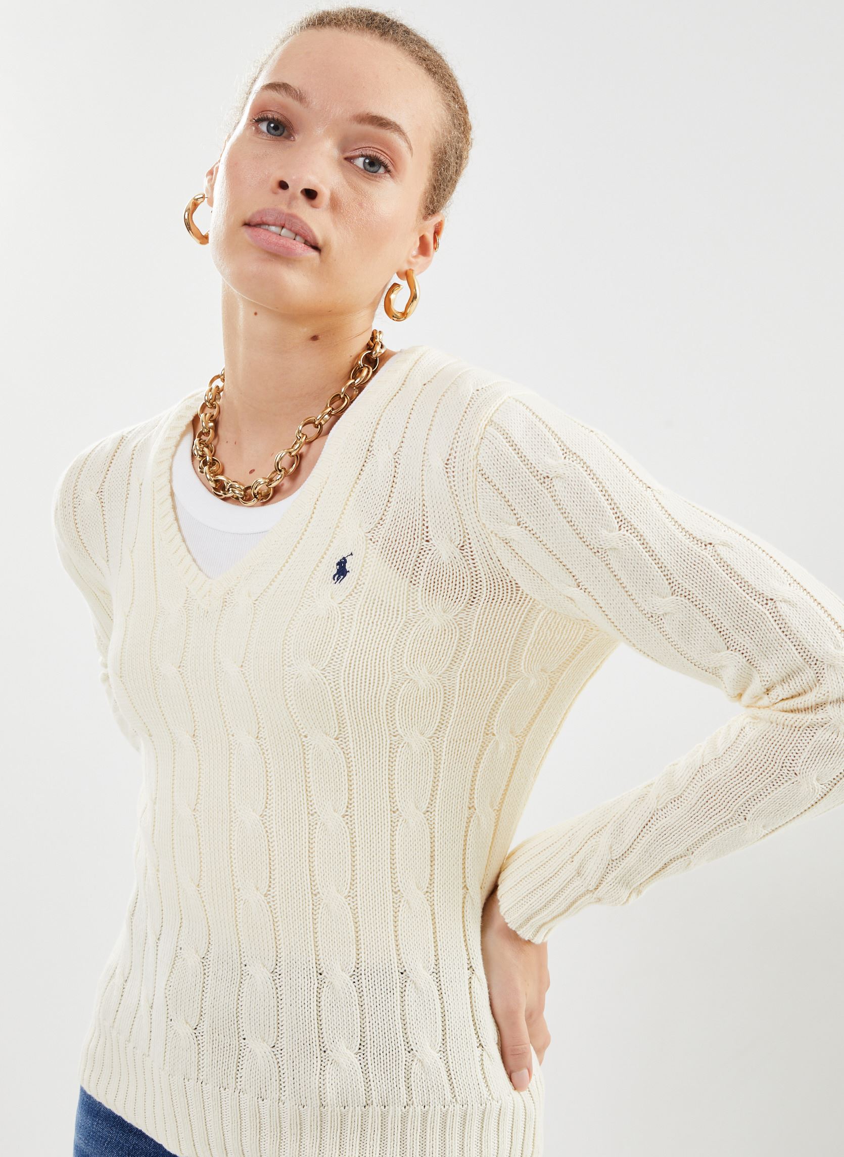 Pullover Pull col en V torsadé en coton damen weiß Polo Ralph Lauren Pullover Pull col en V torsadé en coton damen weiß Cream