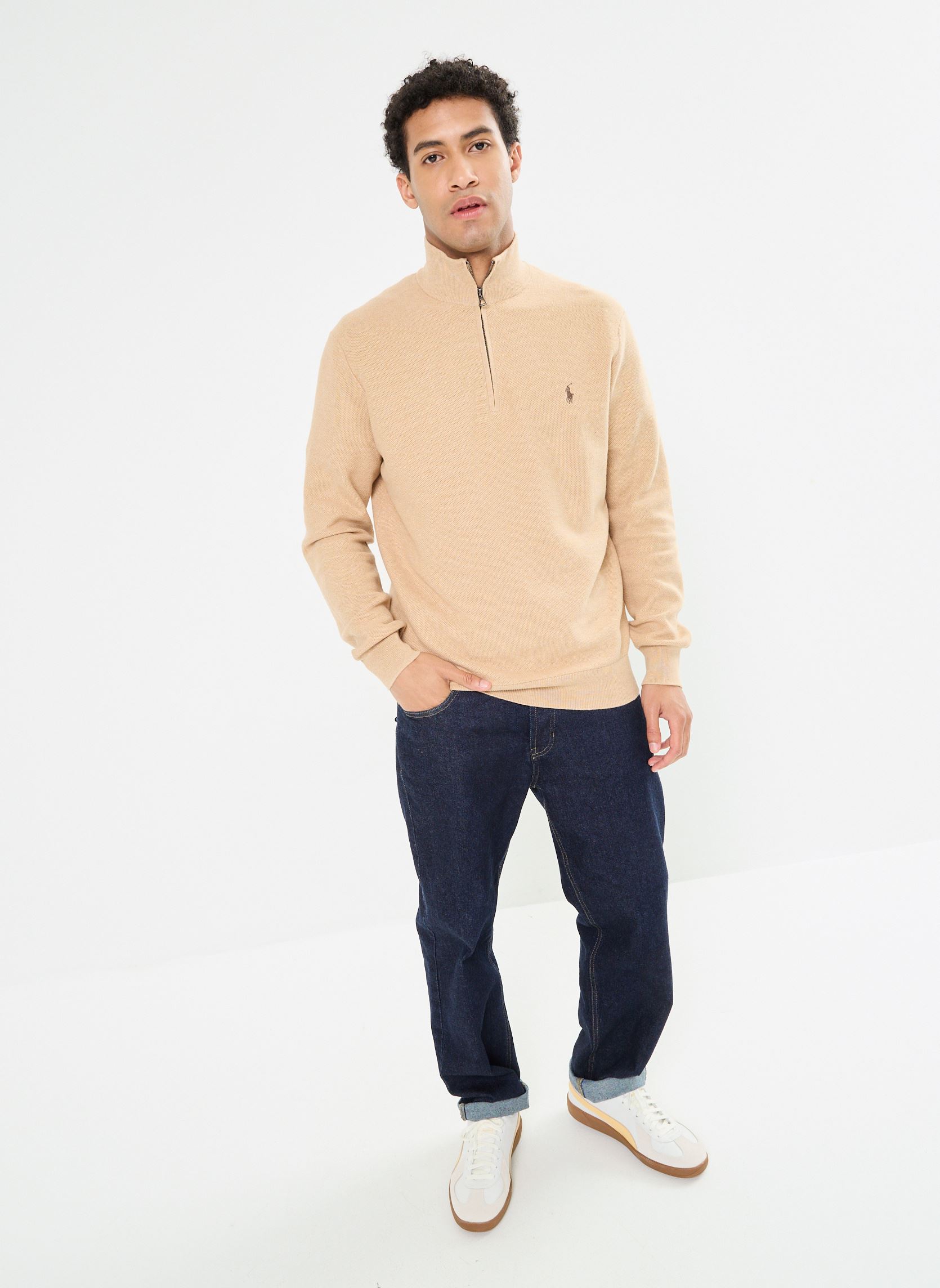 Pulls Pull demi-zippé en coton piqué 710932304 homme marron Polo Ralph Lauren Pulls Pull demi-zippé en coton piqué 710932304 homme marron CAMEL MELANGE