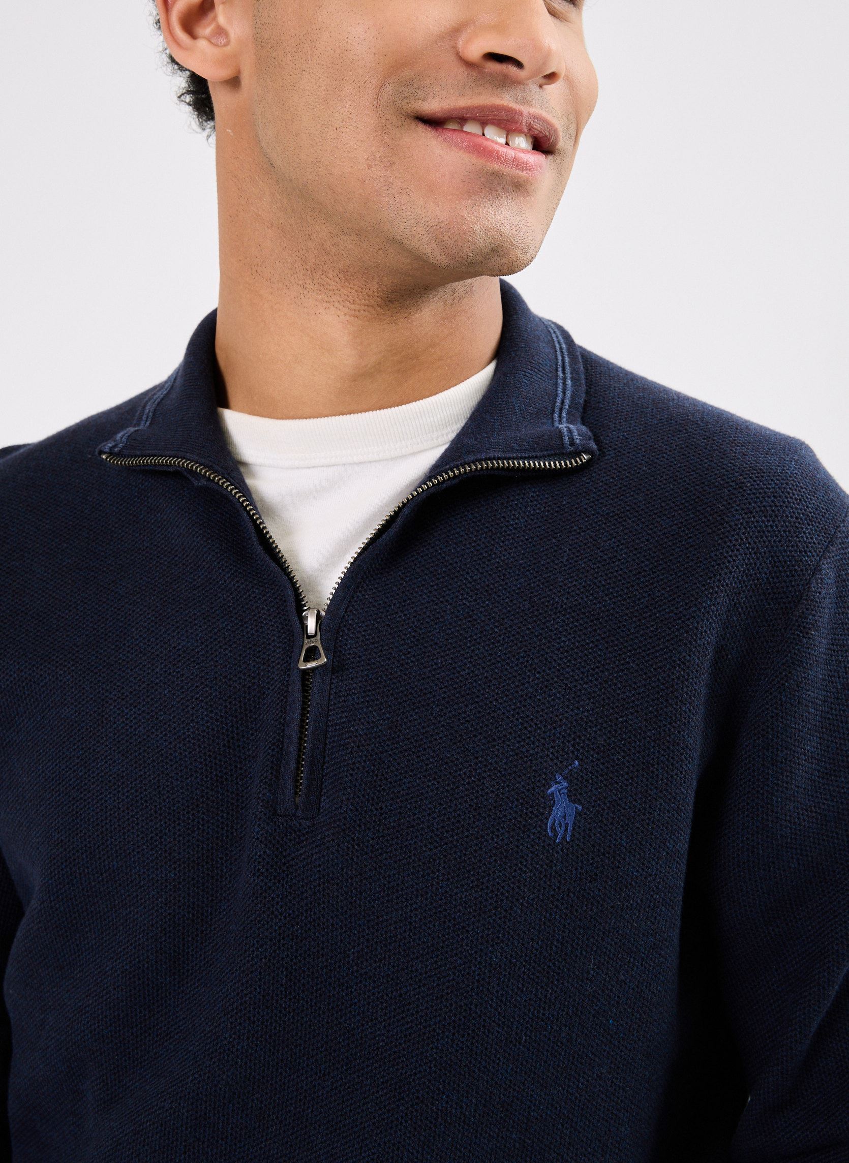 Pulls Pull demi-zippé en coton piqué 710932304 homme bleu Polo Ralph Lauren Pulls Pull demi-zippé en coton piqué 710932304 homme bleu NAVY HTR