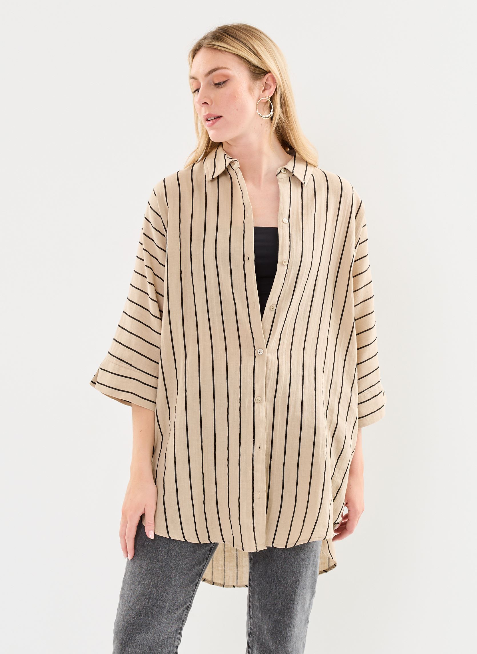 Langarm-Hemden Iafoxa Striped Beach Sh damen beige Ichi Langarm-Hemden Iafoxa Striped Beach Sh damen beige Doeskin/Black stripe