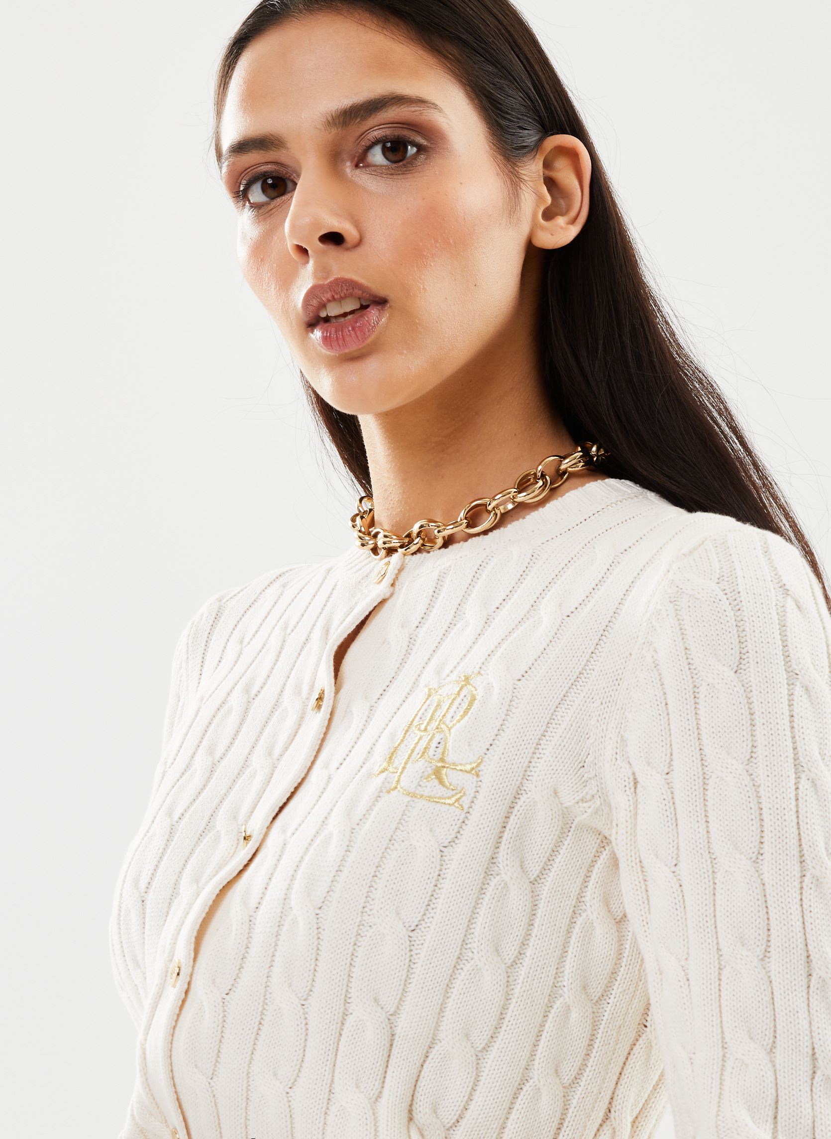 Gilets Cardigan torsadé en coton femme blanc Lauren Ralph Lauren Gilets Cardigan torsadé en coton femme blanc Mascarpone Cream