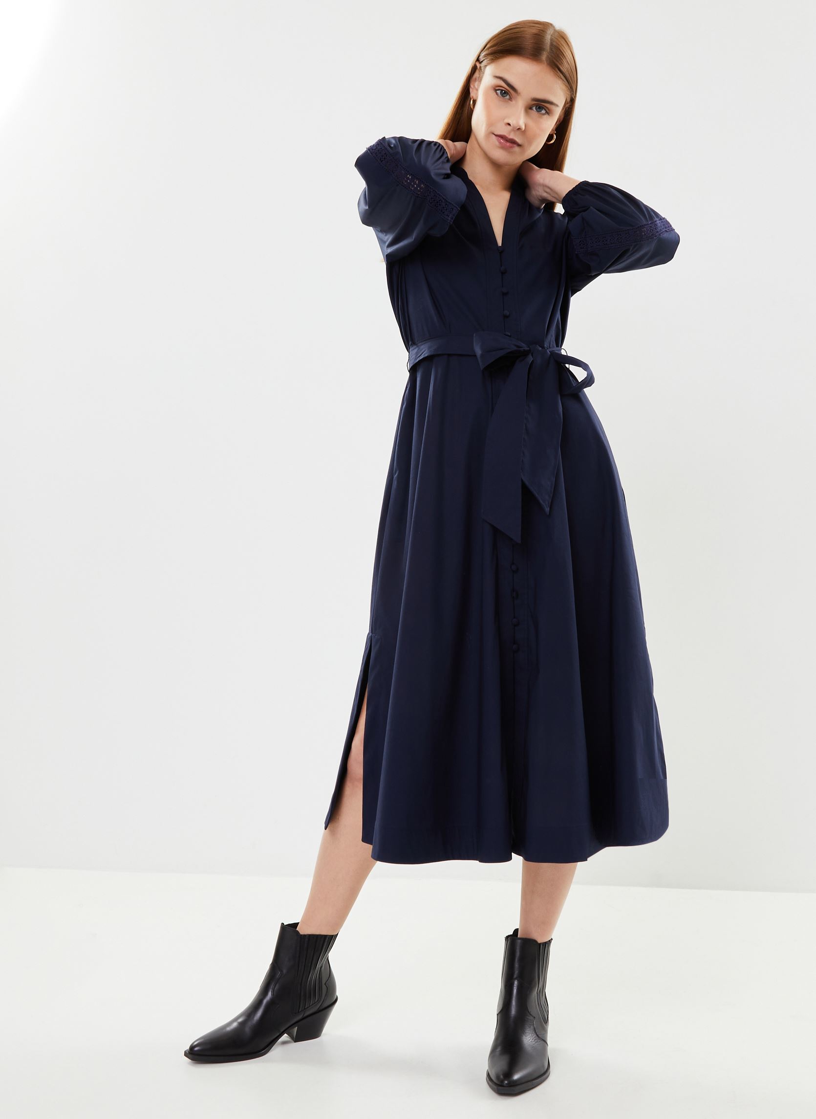 Abiti Robe-chemise ceinturée coton et dentelle donna blu Lauren Ralph Lauren Abiti Robe-chemise ceinturée coton et dentelle donna blu REFINED NAVY