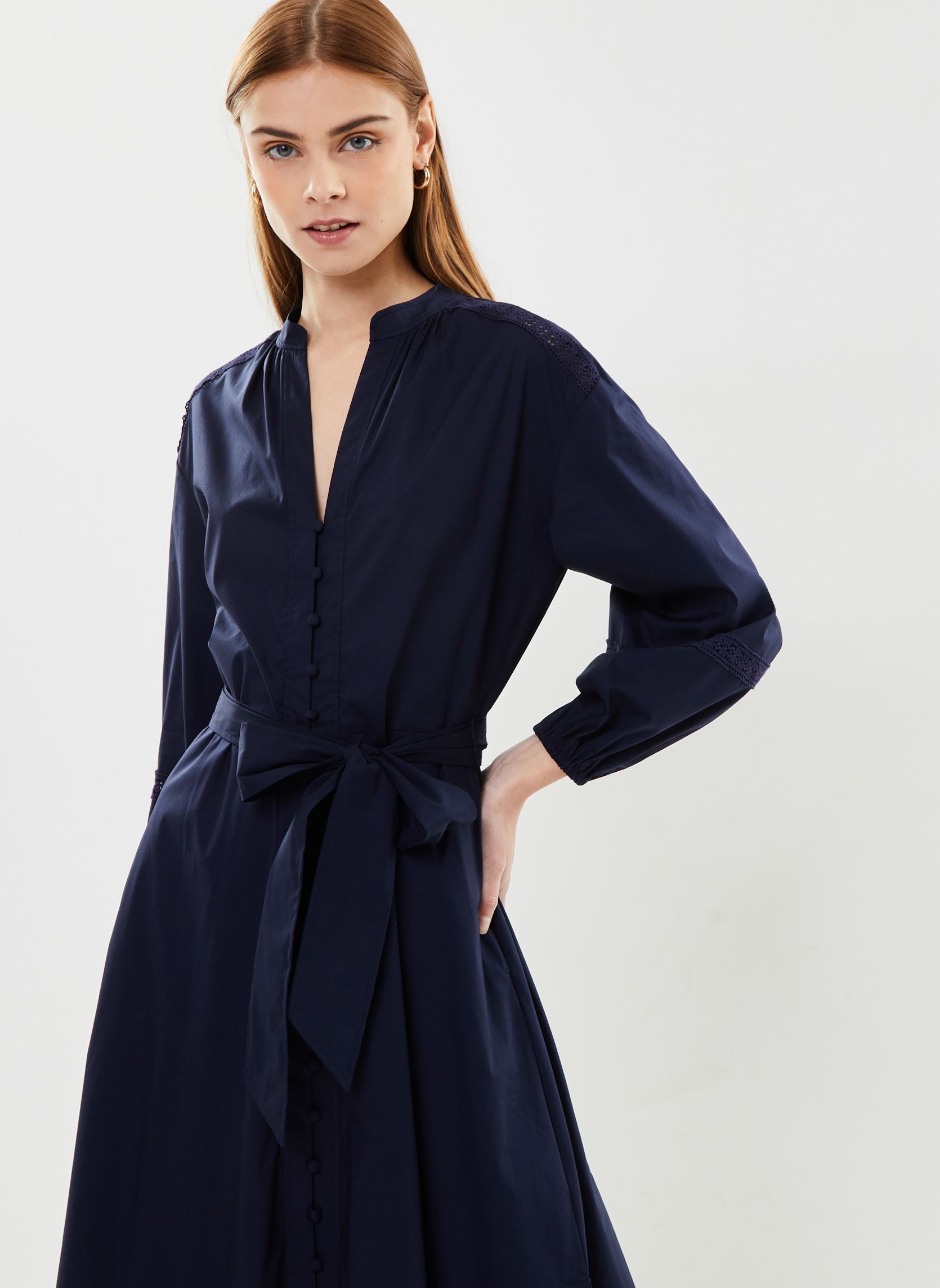 Abiti Robe-chemise ceinturée coton et dentelle donna blu Lauren Ralph Lauren Abiti Robe-chemise ceinturée coton et dentelle donna blu REFINED NAVY