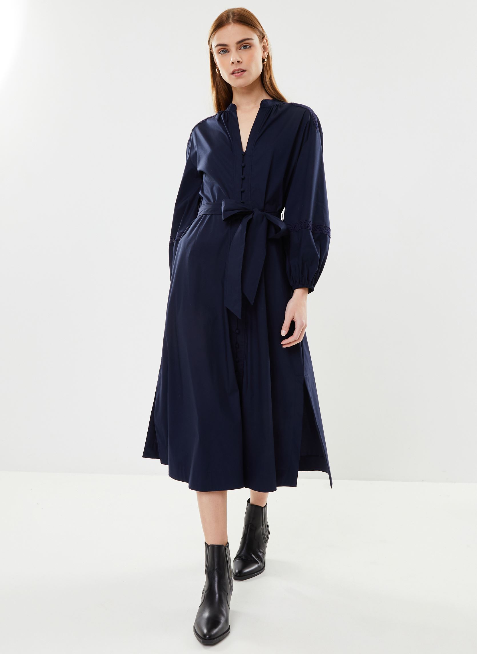 Abiti Robe-chemise ceinturée coton et dentelle donna blu Lauren Ralph Lauren Abiti Robe-chemise ceinturée coton et dentelle donna blu REFINED NAVY