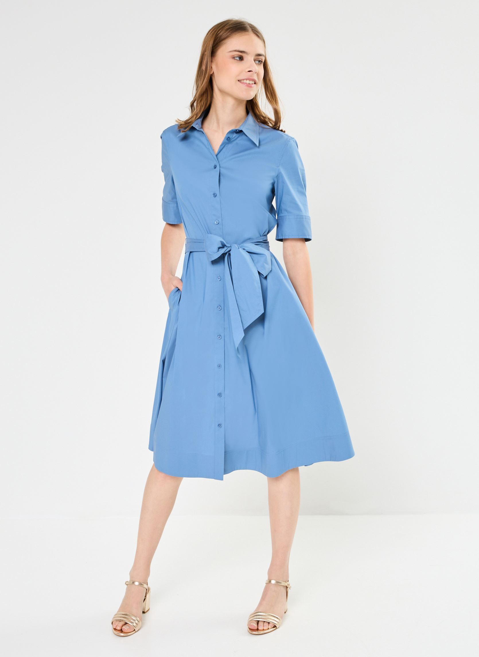 Robes Chemise Robe-chemise ceinturée en coton mélangé femme bleu Lauren Ralph Lauren Robes Chemise Robe-chemise ceinturée en coton mélangé femme bleu PALE AZURE