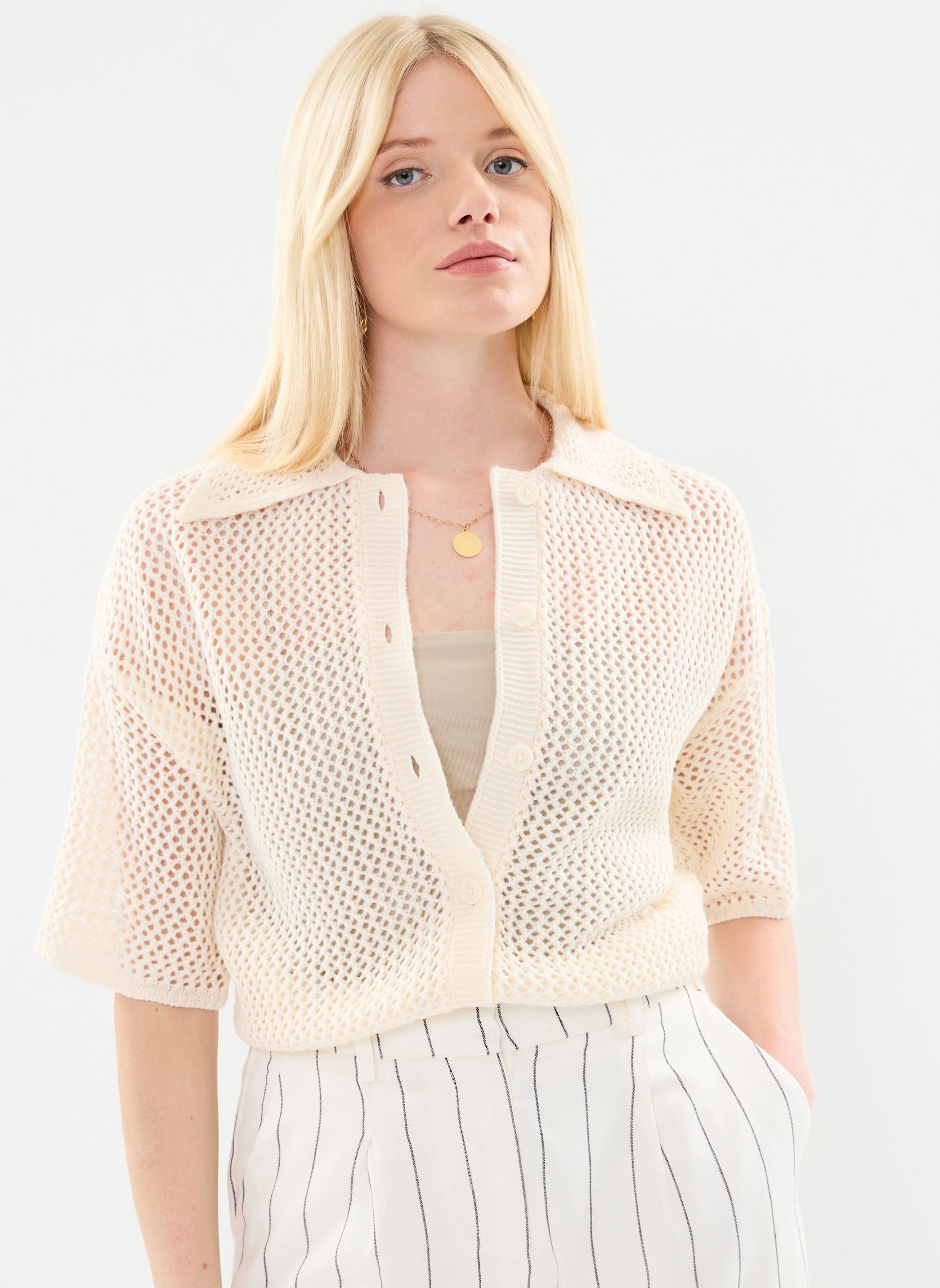 Vesten Vizola Polo 2/4 Knit Cardigan dames beige Vila Vesten Vizola Polo 2/4 Knit Cardigan dames beige EGGNOG