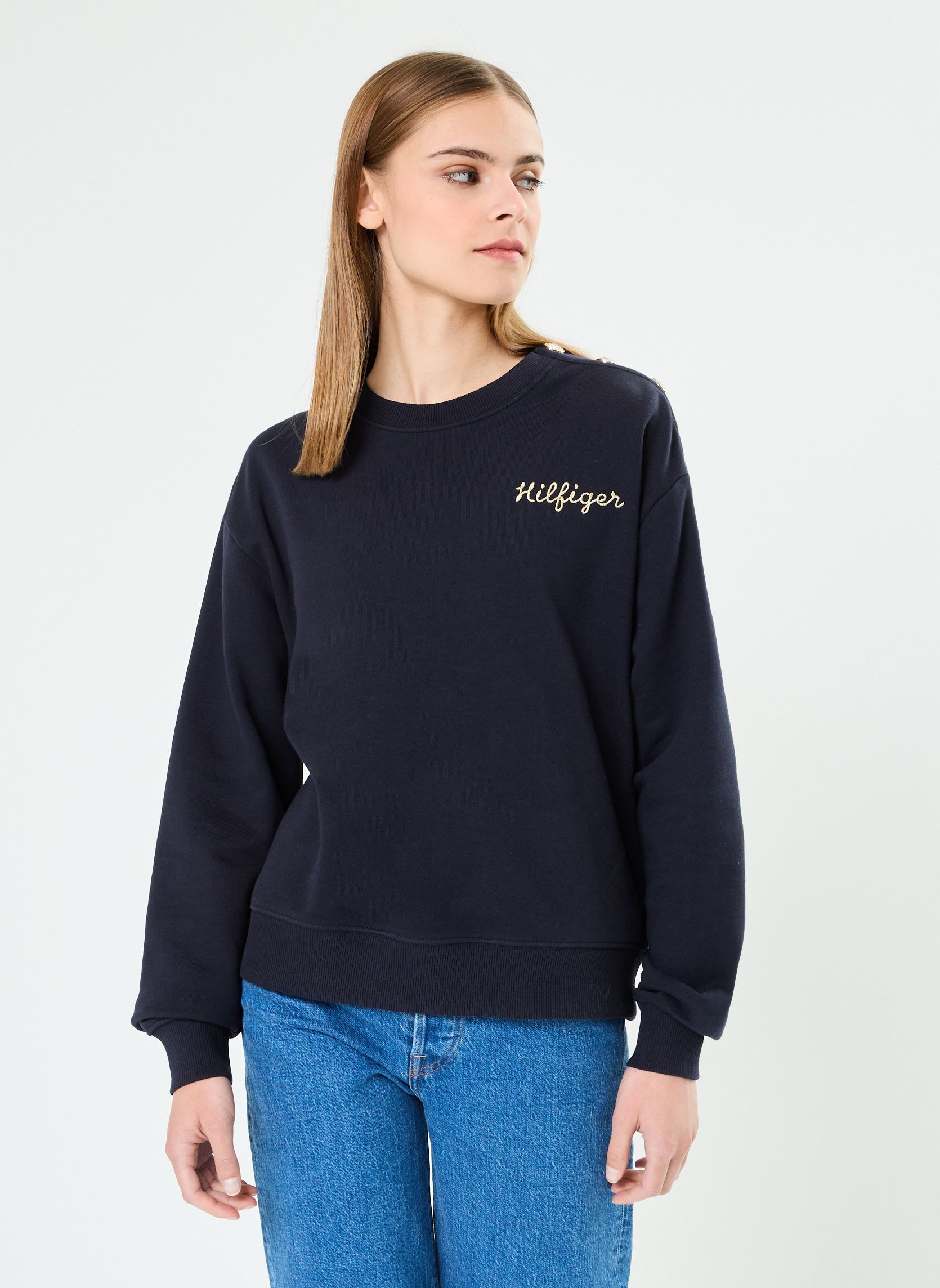 Sweater Reg Gold Button Swea WW0WW41235 dames blauw Tommy Hilfiger Sweater Reg Gold Button Swea WW0WW41235 dames blauw DESERT SKY