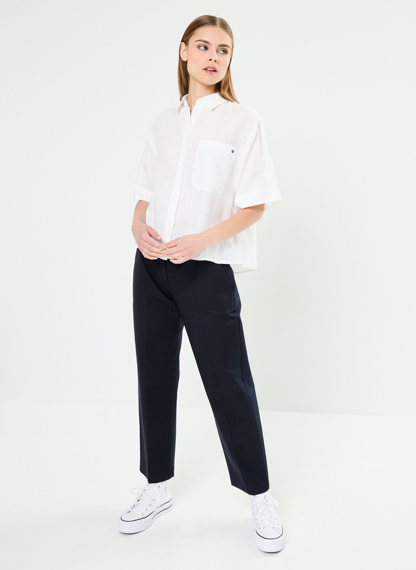 Chemises manches courtes Linen Ss Shirt WW0WW41392 femme blanc Tommy Hilfiger Chemises manches courtes Linen Ss Shirt WW0WW41392 femme blanc TH OPTIC WHITE