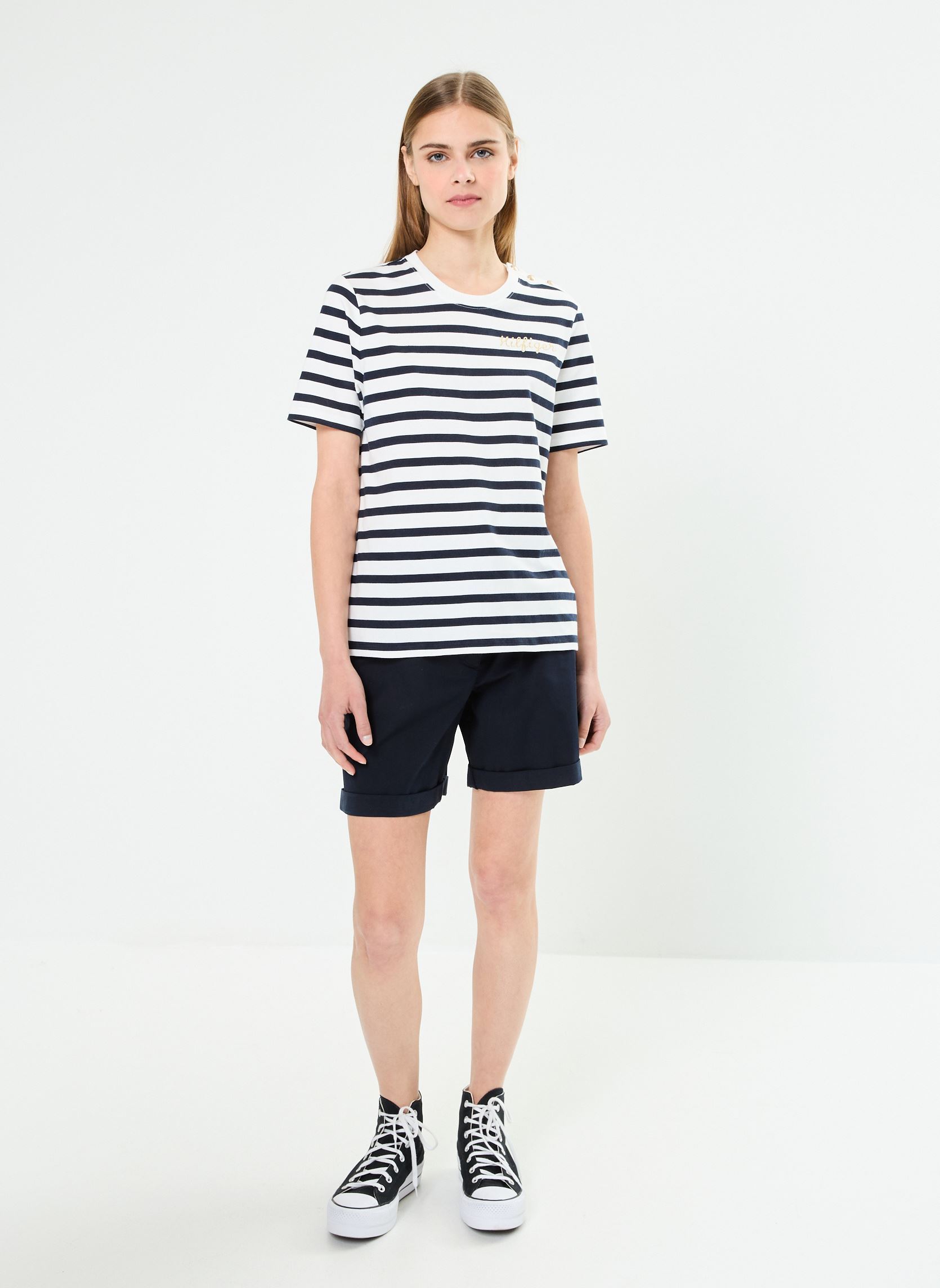 Kurzarm-T-Shirts Reg Gold Button C-Nk damen weiß Tommy Hilfiger Kurzarm-T-Shirts Reg Gold Button C-Nk damen weiß WHITE STRIPE