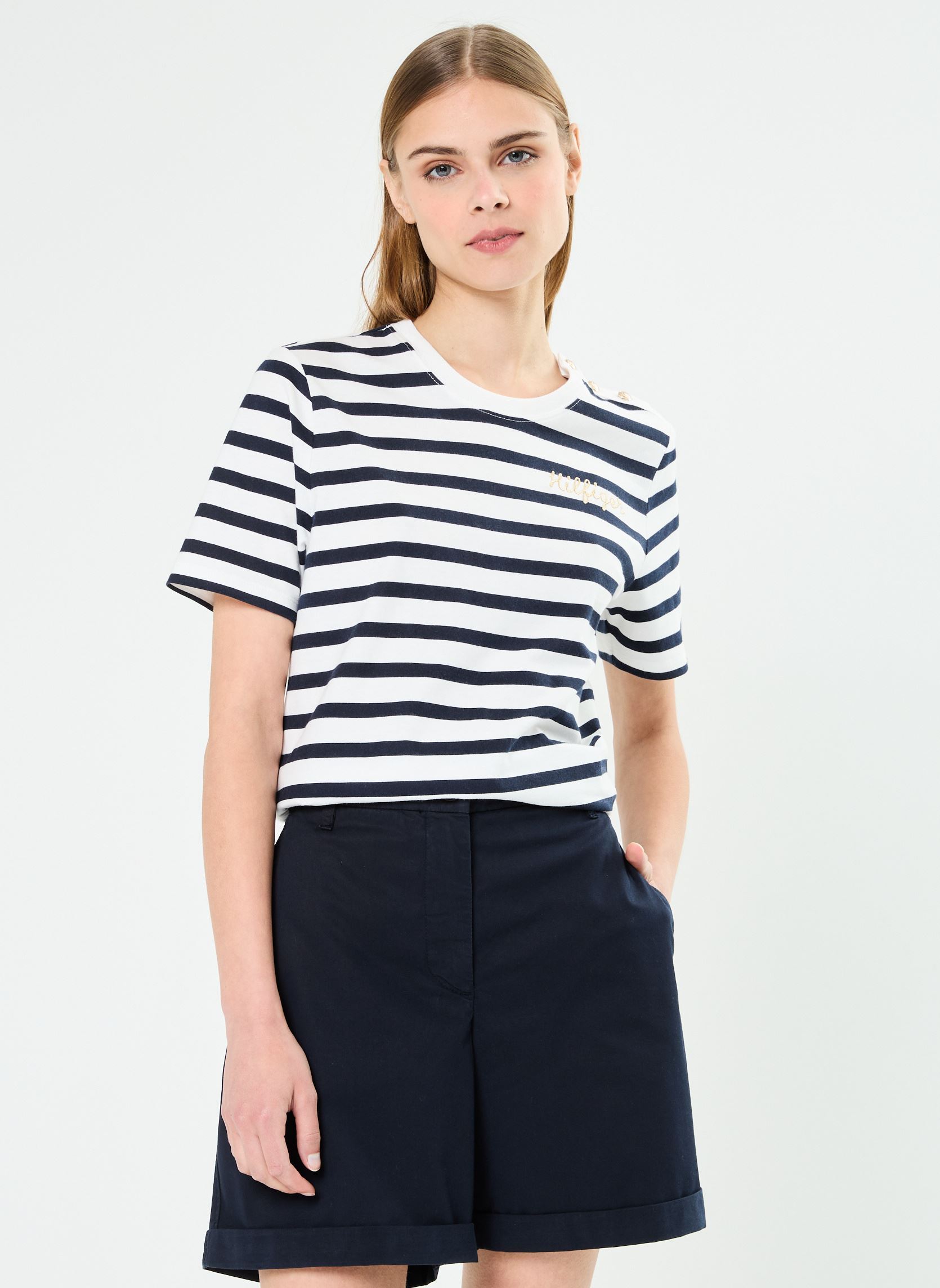 Kurzarm-T-Shirts Reg Gold Button C-Nk damen weiß Tommy Hilfiger Kurzarm-T-Shirts Reg Gold Button C-Nk damen weiß WHITE STRIPE