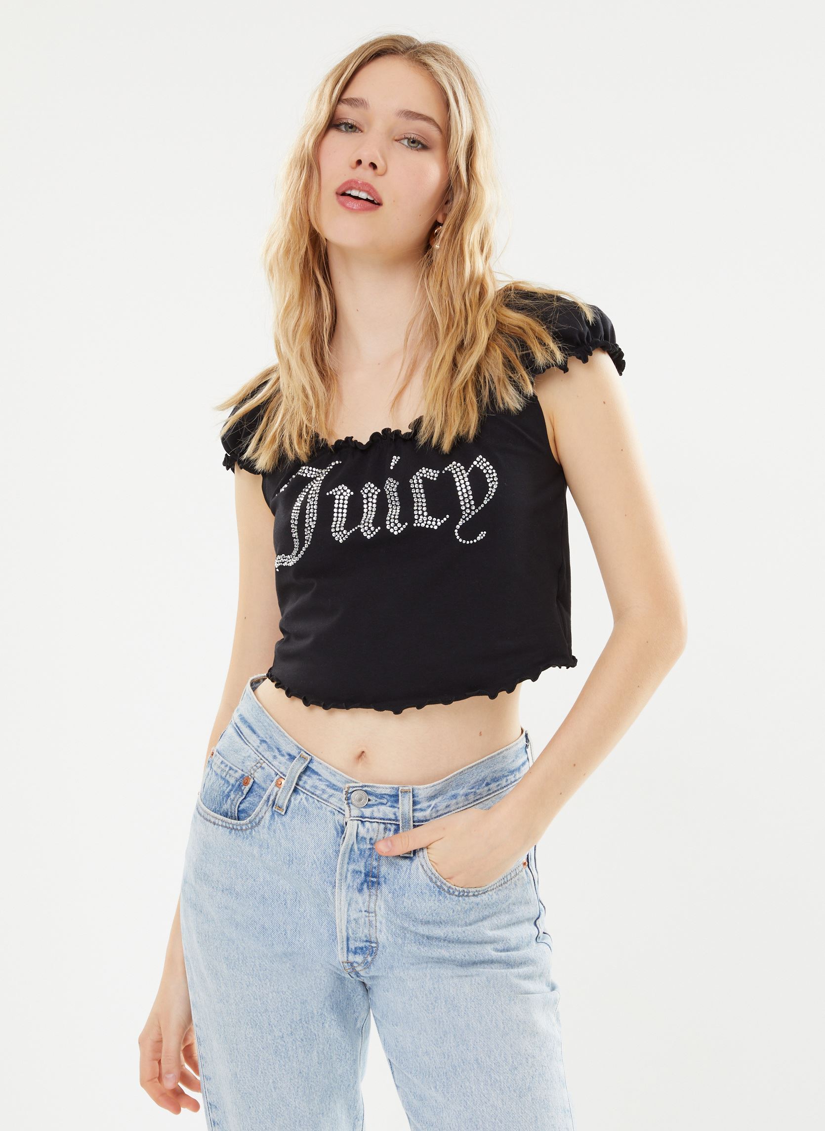 Tops Brodie Square Neck Lettuce Tank top femme noir JUICY COUTURE Tops Brodie Square Neck Lettuce Tank top femme noir BLACK