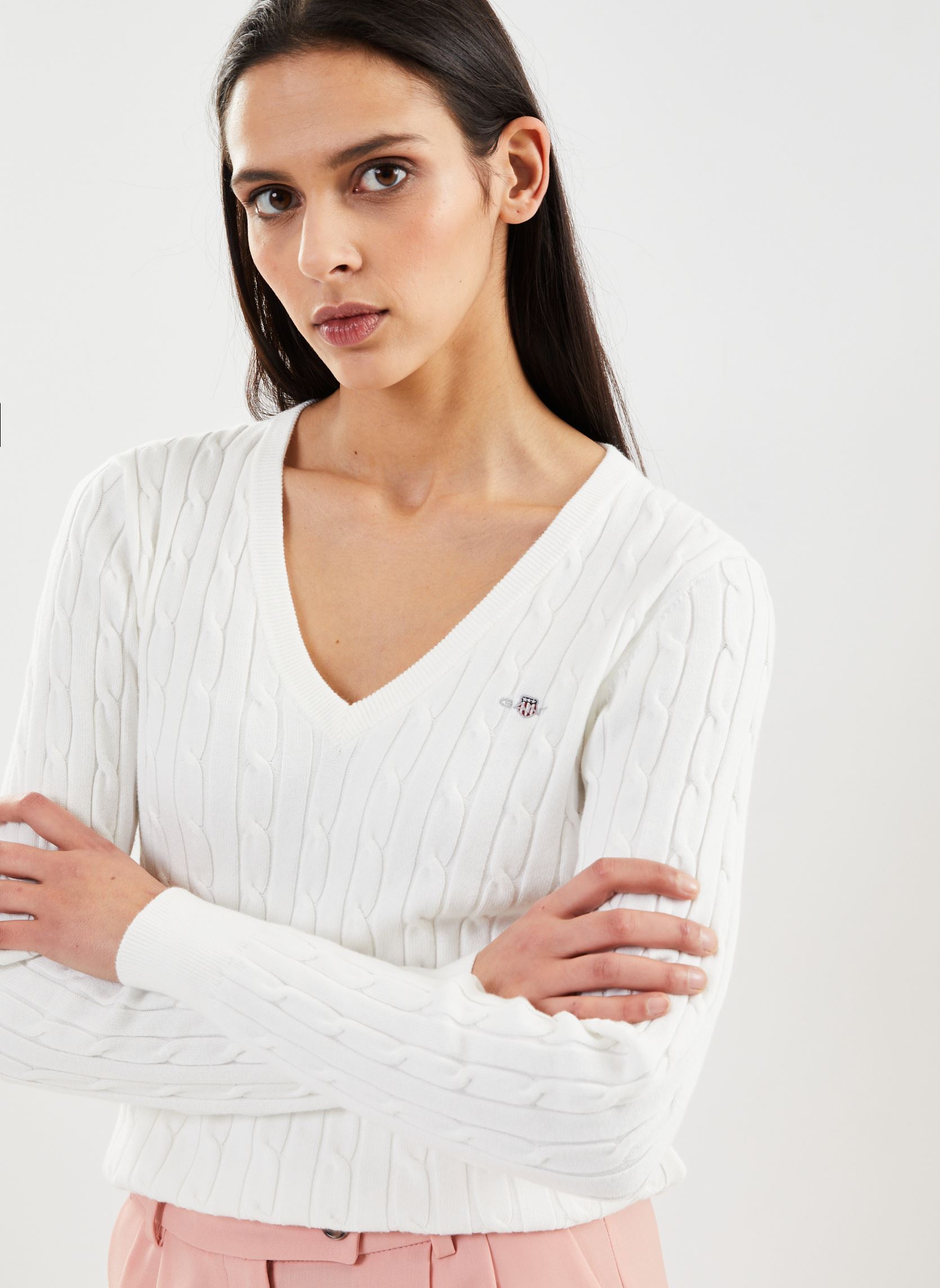 Pulls Stretch Cotton Cable V-Neck femme blanc GANT Pulls Stretch Cotton Cable V-Neck femme blanc Eggshell
