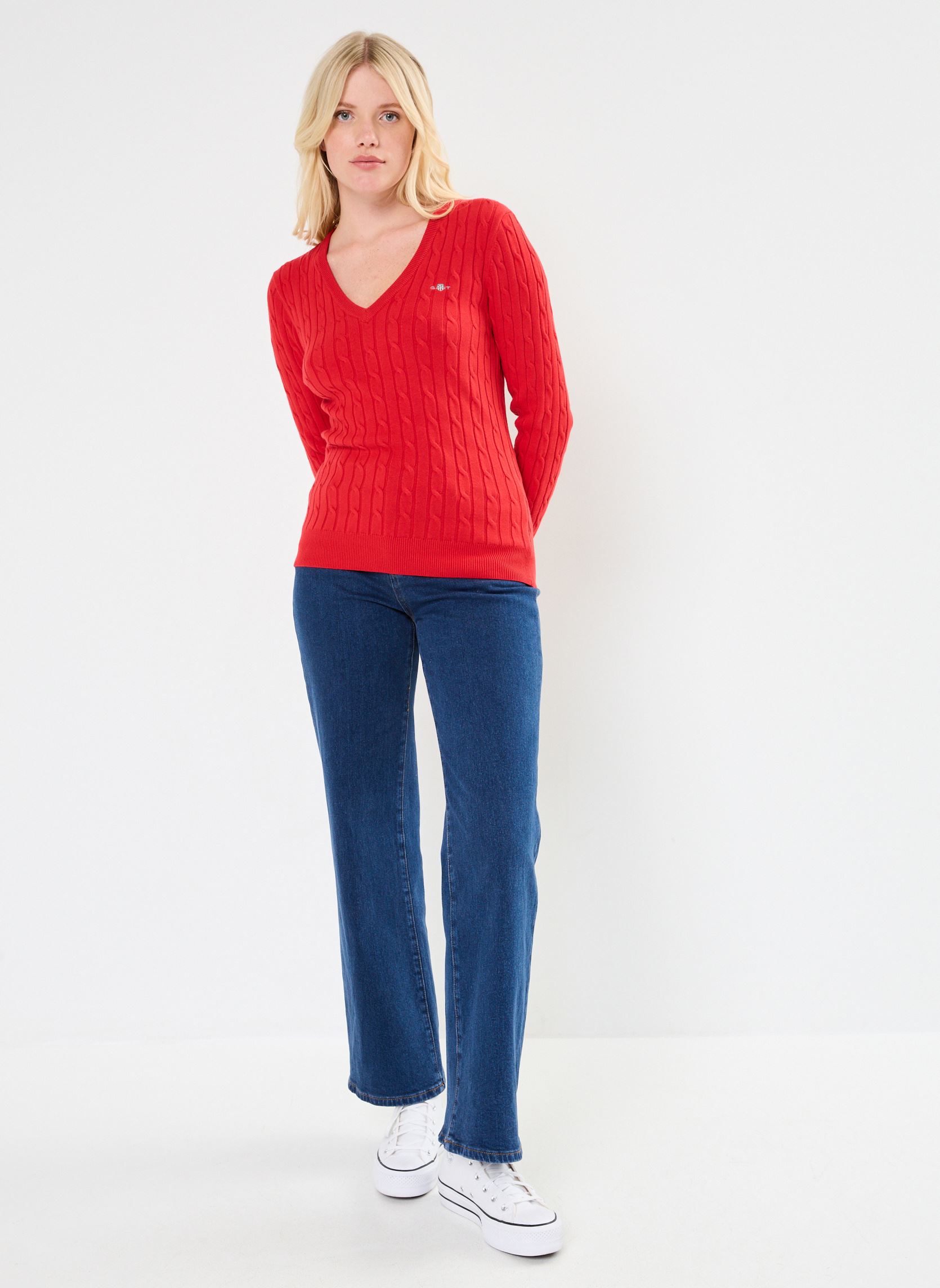 Pulls Stretch Cotton Cable V-Neck femme rouge GANT Pulls Stretch Cotton Cable V-Neck femme rouge ROUGE PALE