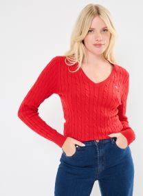 Pulls Stretch Cotton Cable V-Neck femme blanc