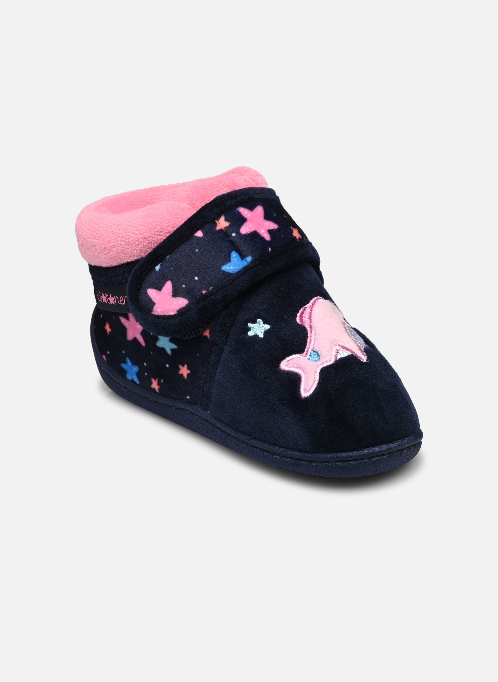 Pantoffels Bottillons velcro en microvelours meisjes blauw Isotoner Pantoffels Bottillons velcro en microvelours meisjes blauw MARINE