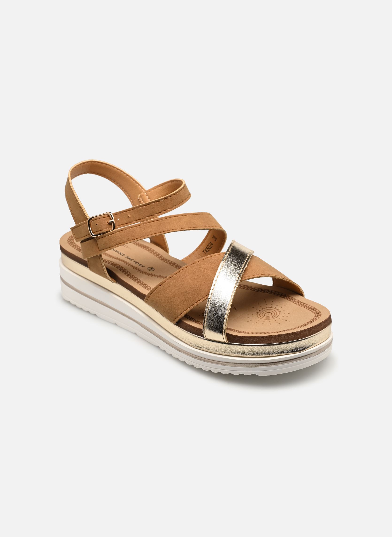 Sandali con zeppa e plateau TX5024 donna marrone Divine Factory Sandali con zeppa e plateau TX5024 donna marrone CamelOr