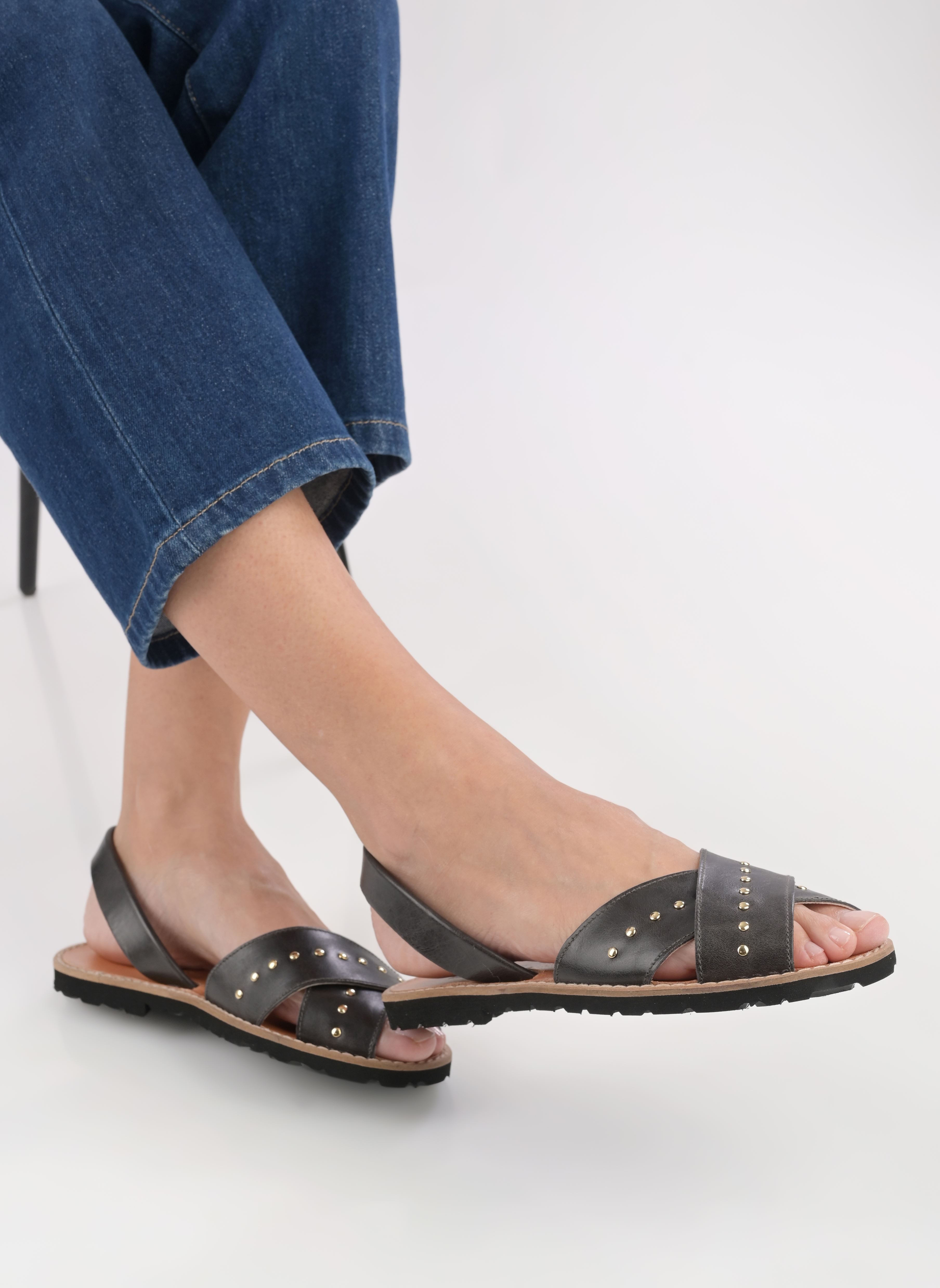 Sandalias planas Avarca Rock Cuir Vintage mujer negro Minorquines Sandalias planas Avarca Rock Cuir Vintage mujer negro DARK GREY