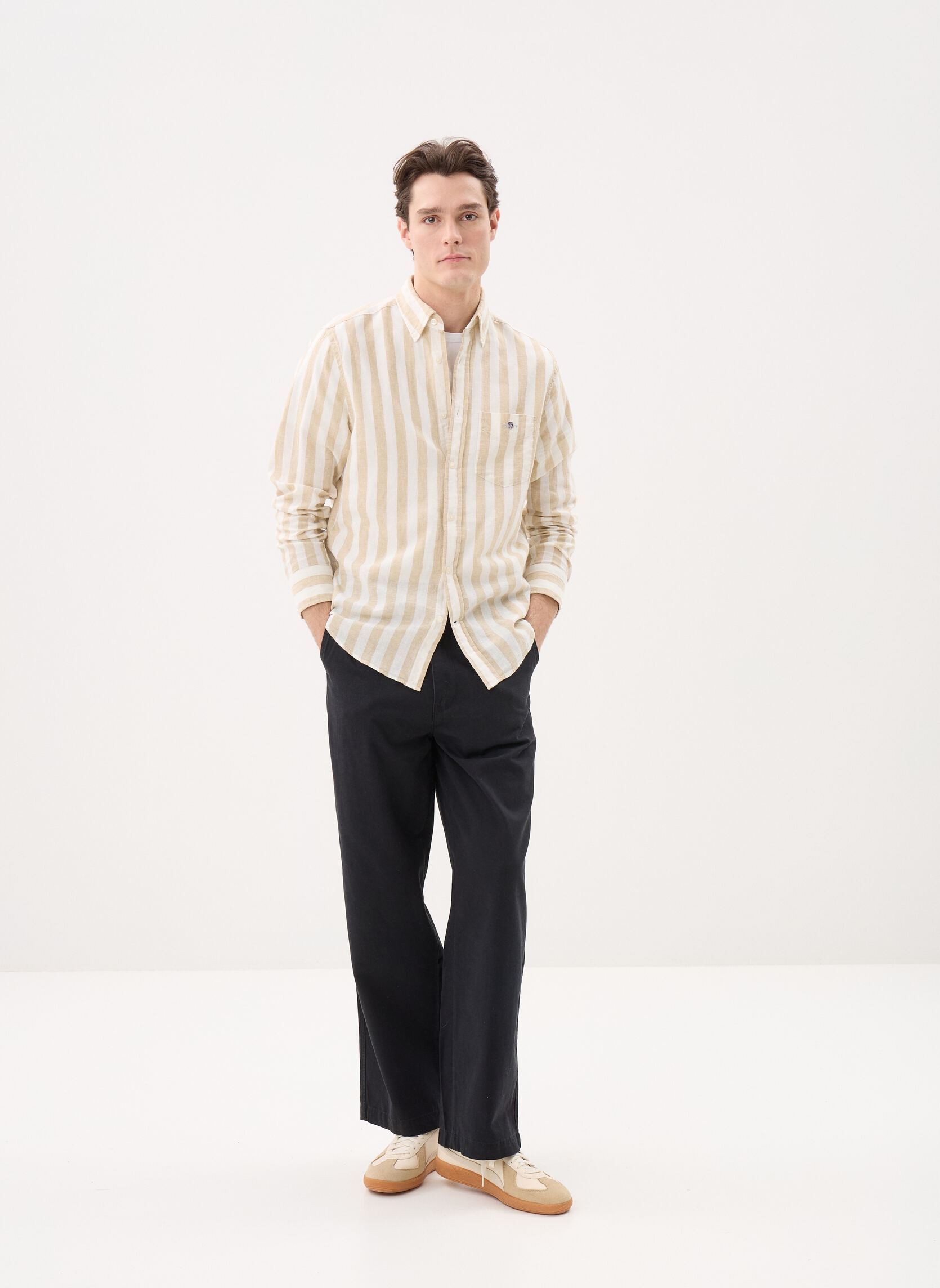 Hemden Reg Cotton Linen Stripe Shirt heren beige GANT Hemden Reg Cotton Linen Stripe Shirt heren beige OAT BEIGE