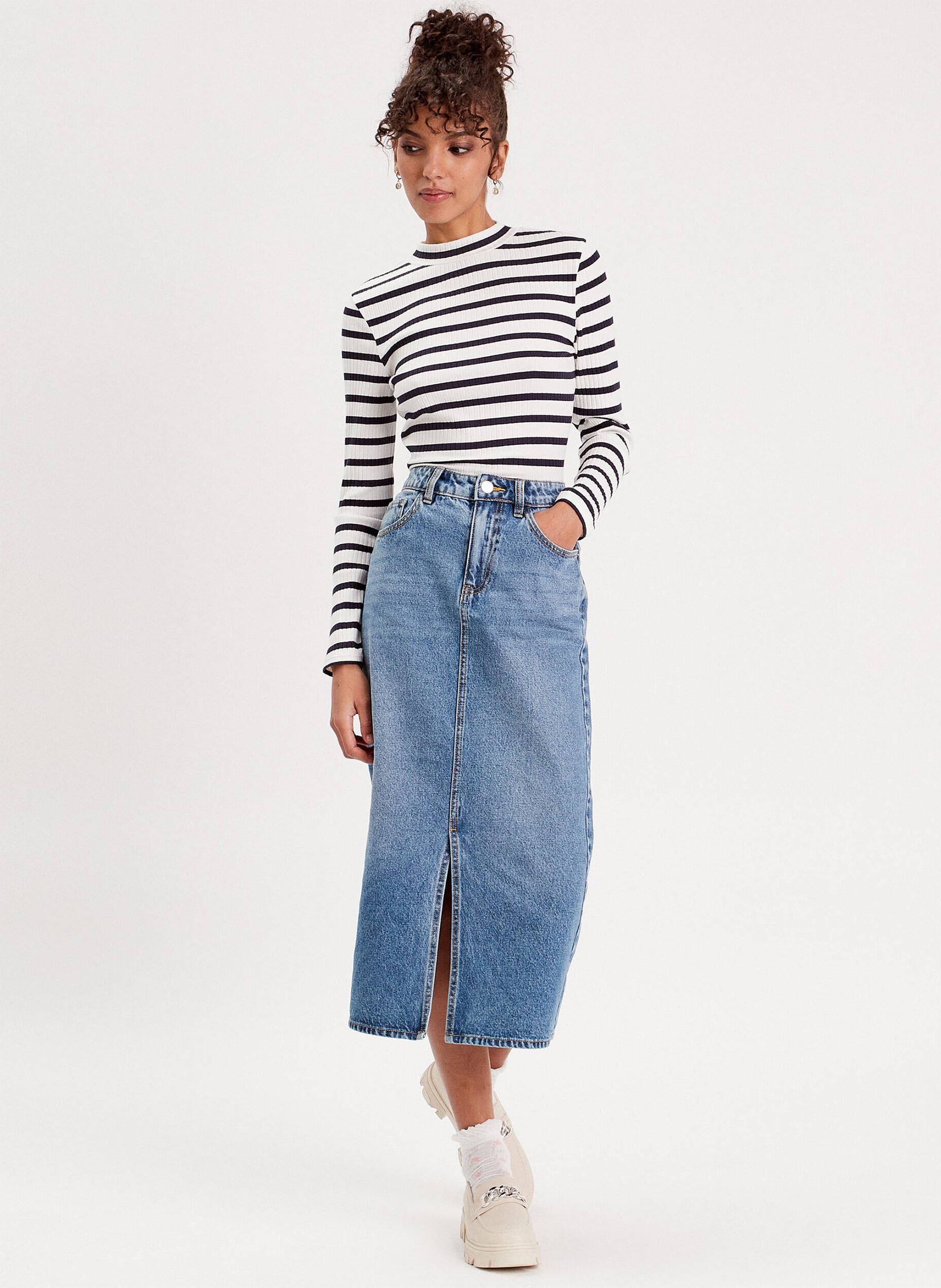 Halflange rokken JUDENMIDI dames blauw Cache Cache Halflange rokken JUDENMIDI dames blauw DENIM DOUBLE STONE