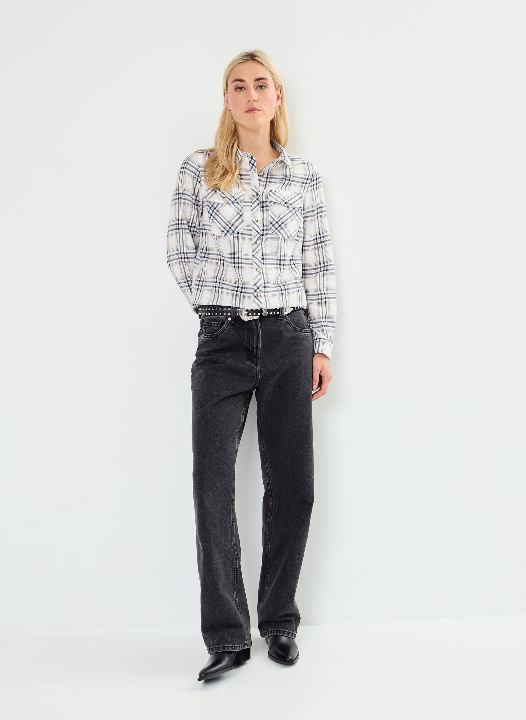 Chemises manches longues CAROLLA femme blanc MADE BY Chemises manches longues CAROLLA femme blanc IMP_CARREAUX LUREX_ECRU