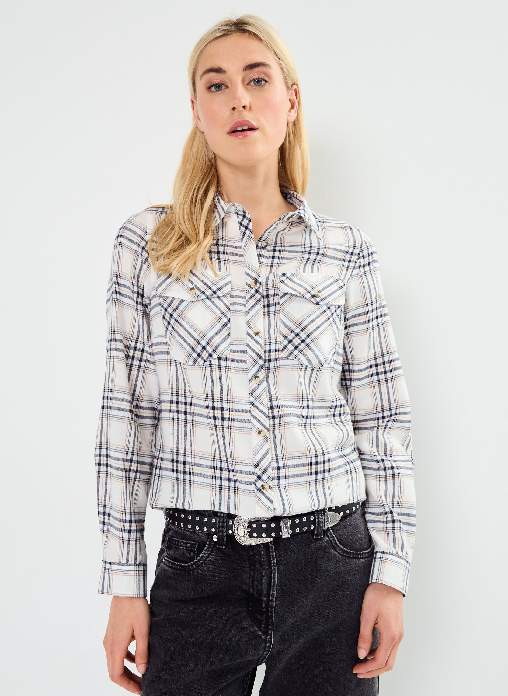 Chemises manches longues CAROLLA femme blanc MADE BY Chemises manches longues CAROLLA femme blanc IMP_CARREAUX LUREX_ECRU