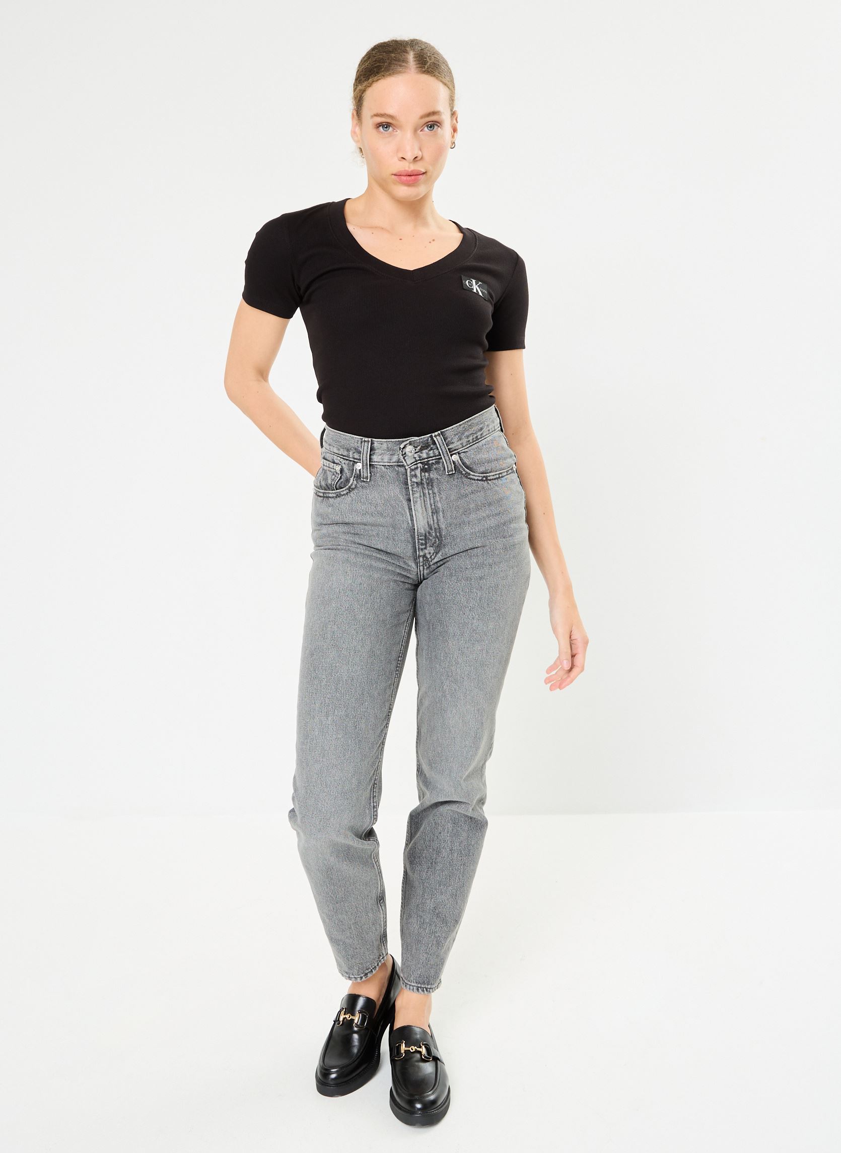 Kurzarm-T-Shirts Woven Label Rib V-Ne J20J223274 damen schwarz Calvin Klein Jeans Kurzarm-T-Shirts Woven Label Rib V-Ne J20J223274 damen schwarz CK BLACK