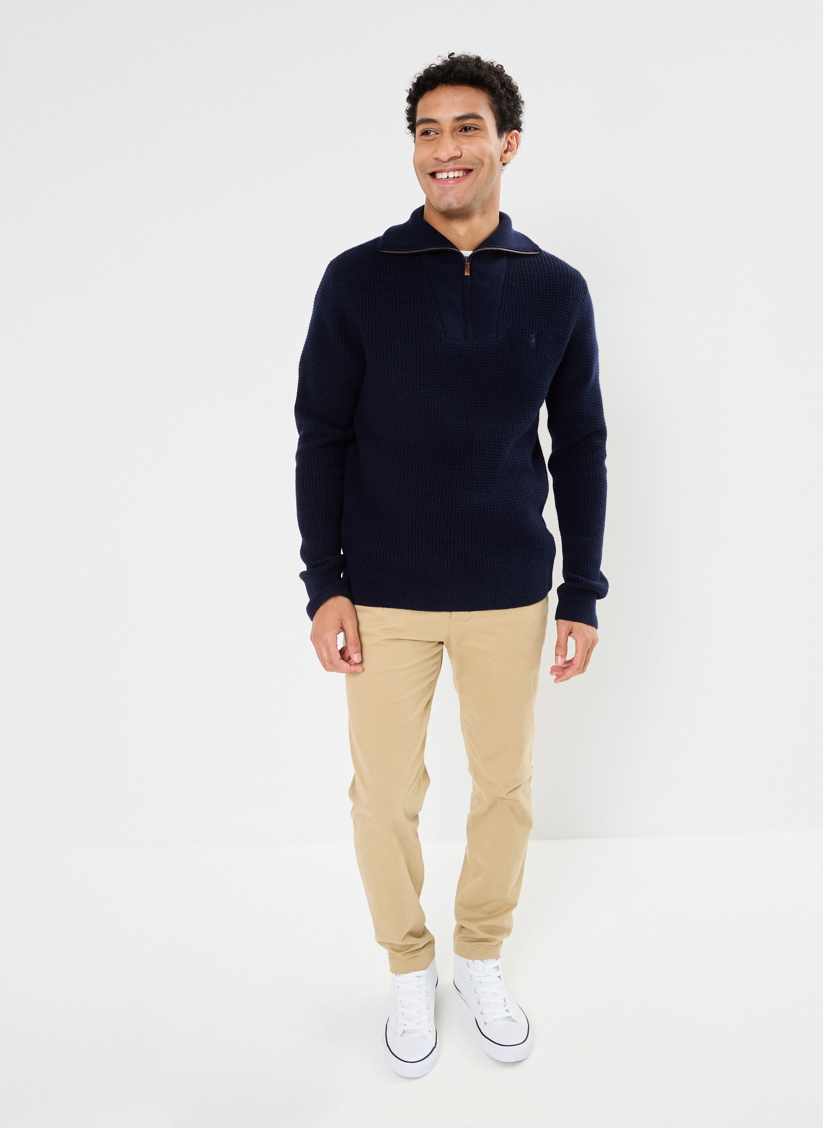 Pulls Pull demi-zippé laine et coton gaufrés homme bleu Polo Ralph Lauren Pulls Pull demi-zippé laine et coton gaufrés homme bleu HUNTER NAVY