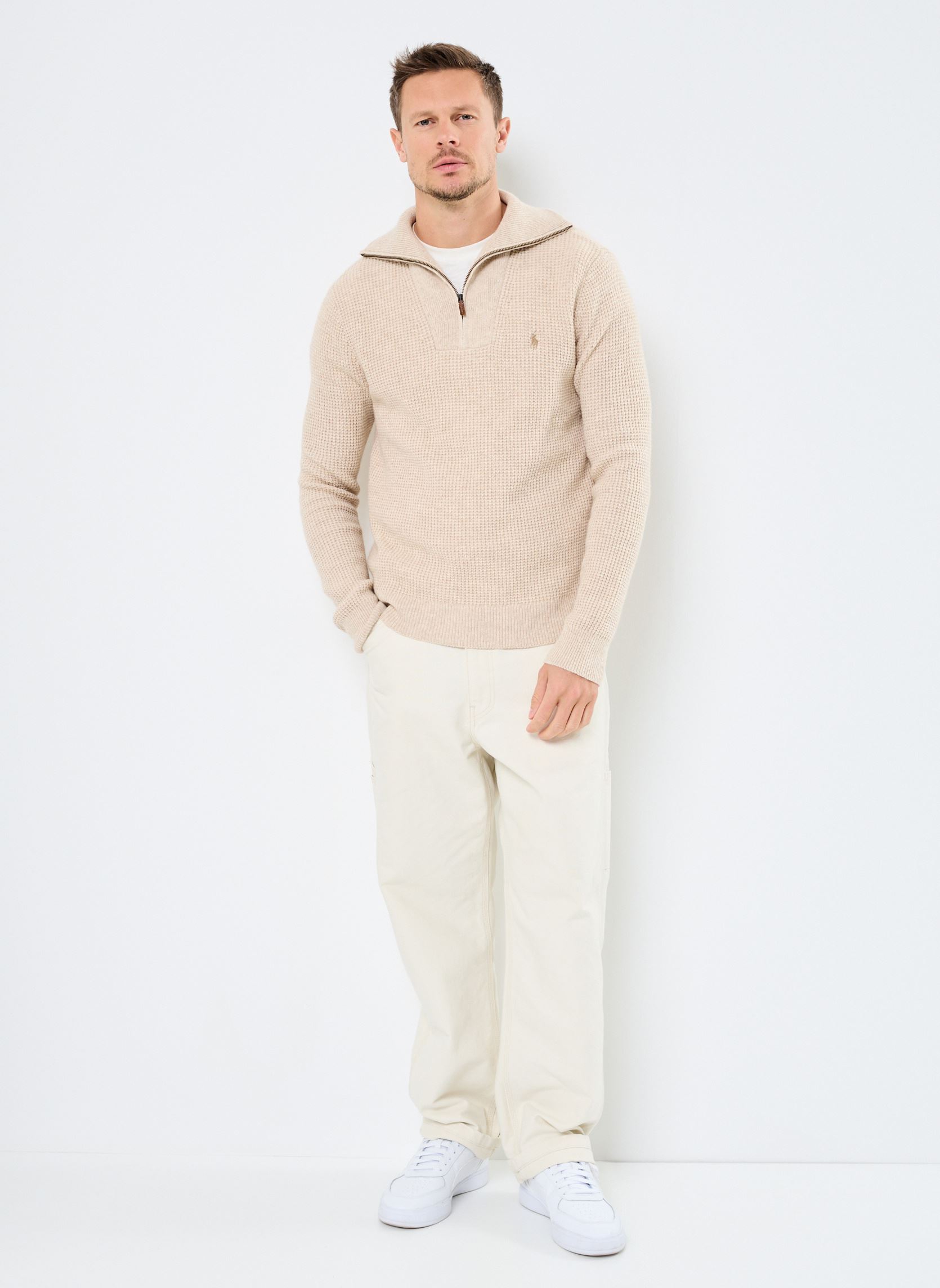 Pulls Pull demi-zippé laine et coton gaufrés homme beige Polo Ralph Lauren Pulls Pull demi-zippé laine et coton gaufrés homme beige NATURAL CREAM HTHR