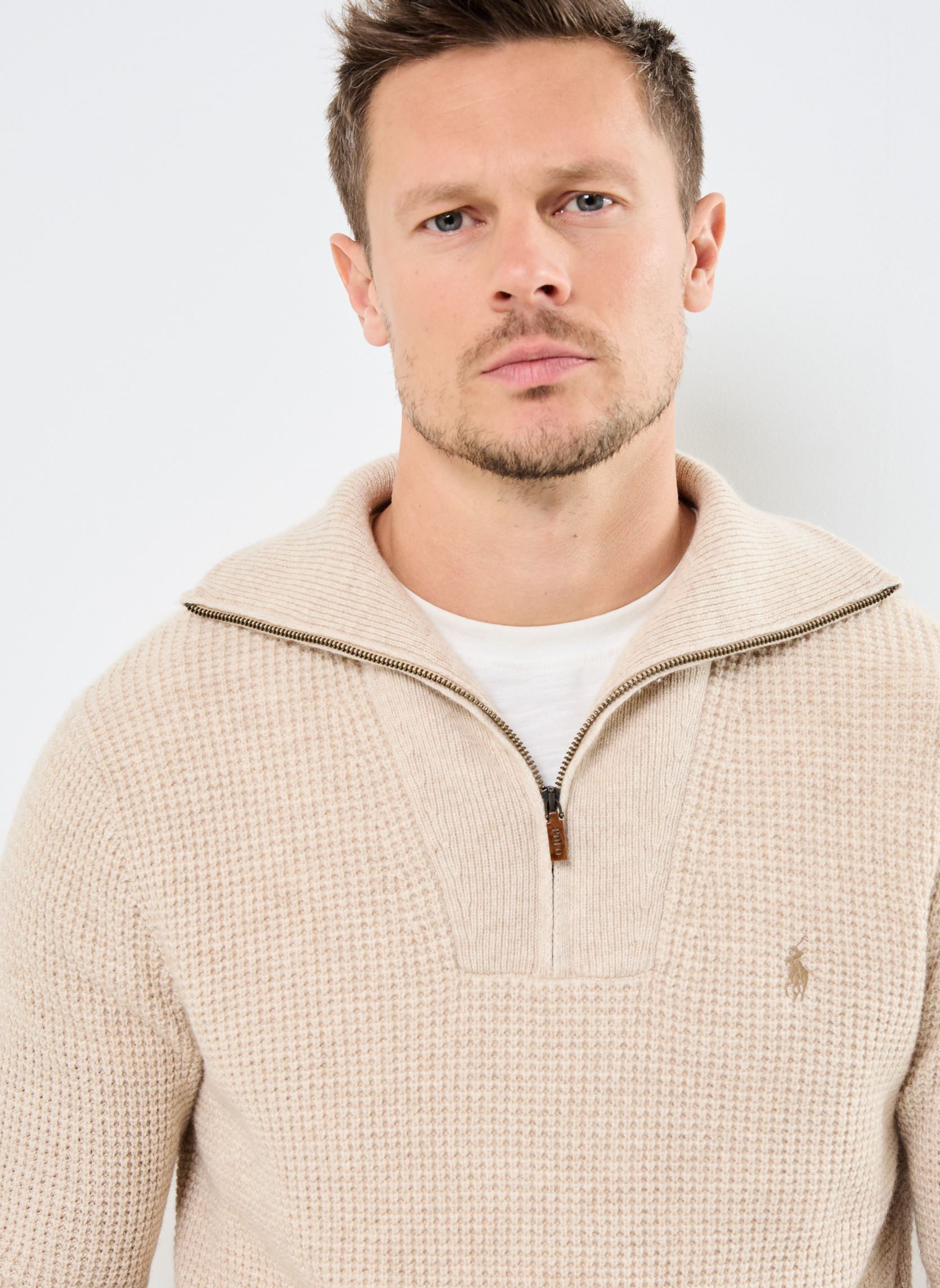 Pulls Pull demi-zippé laine et coton gaufrés homme beige Polo Ralph Lauren Pulls Pull demi-zippé laine et coton gaufrés homme beige NATURAL CREAM HTHR