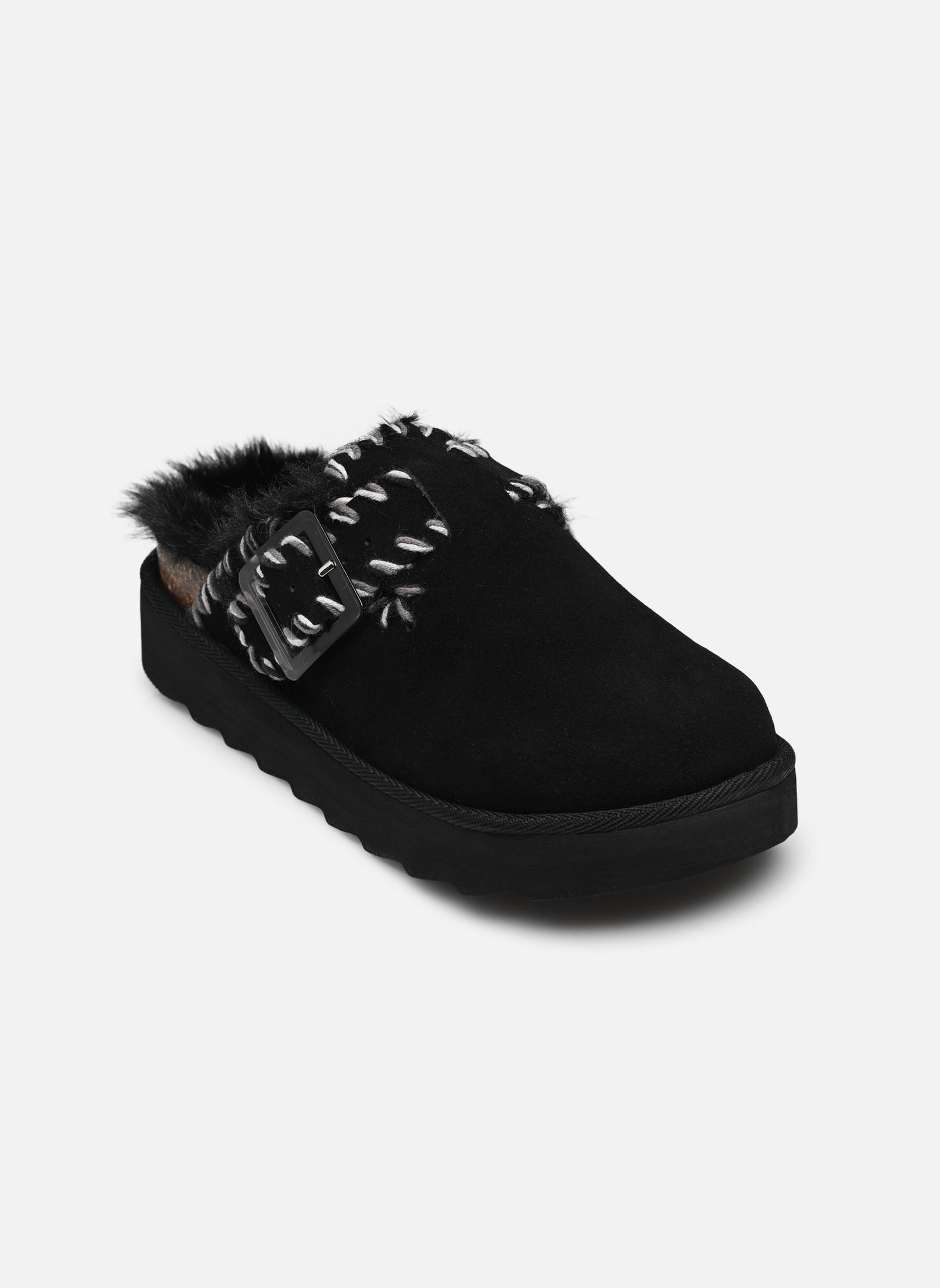 Pantoletten und Clogs Platform sabot wool stitchings damen schwarz Colors of California Pantoletten und Clogs Platform sabot wool stitchings damen schwarz BLACK