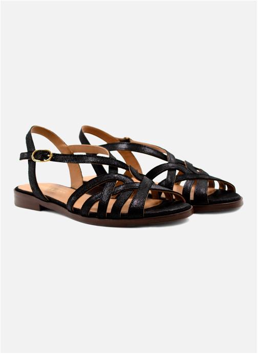 JULES & JENN Sandales Sandales plates brides cuir métallisé doré femme noir